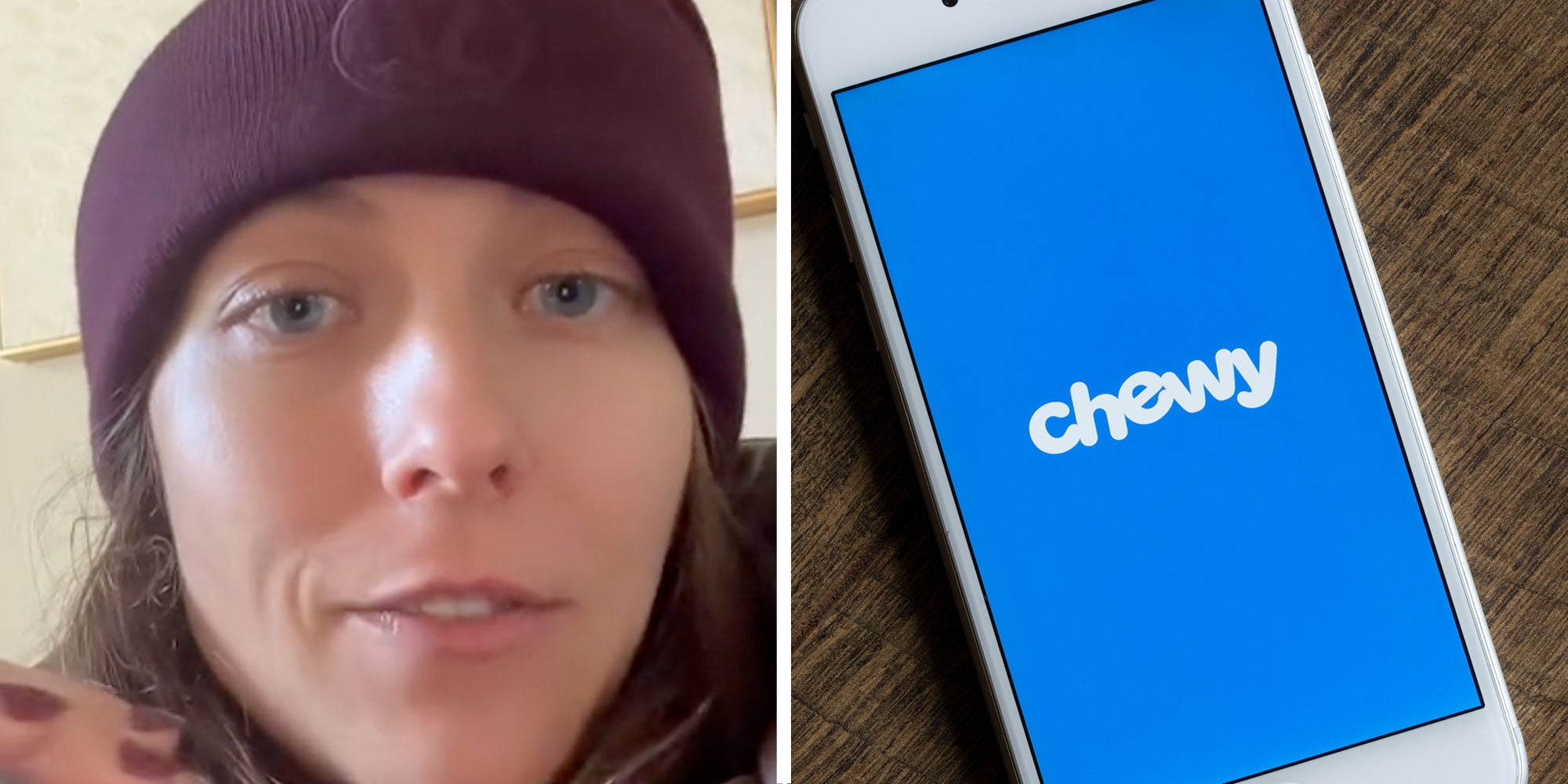 Two panel design with a close up of a person who is talking while looking at the camera, next to an image of a phone with the Chewy App on it