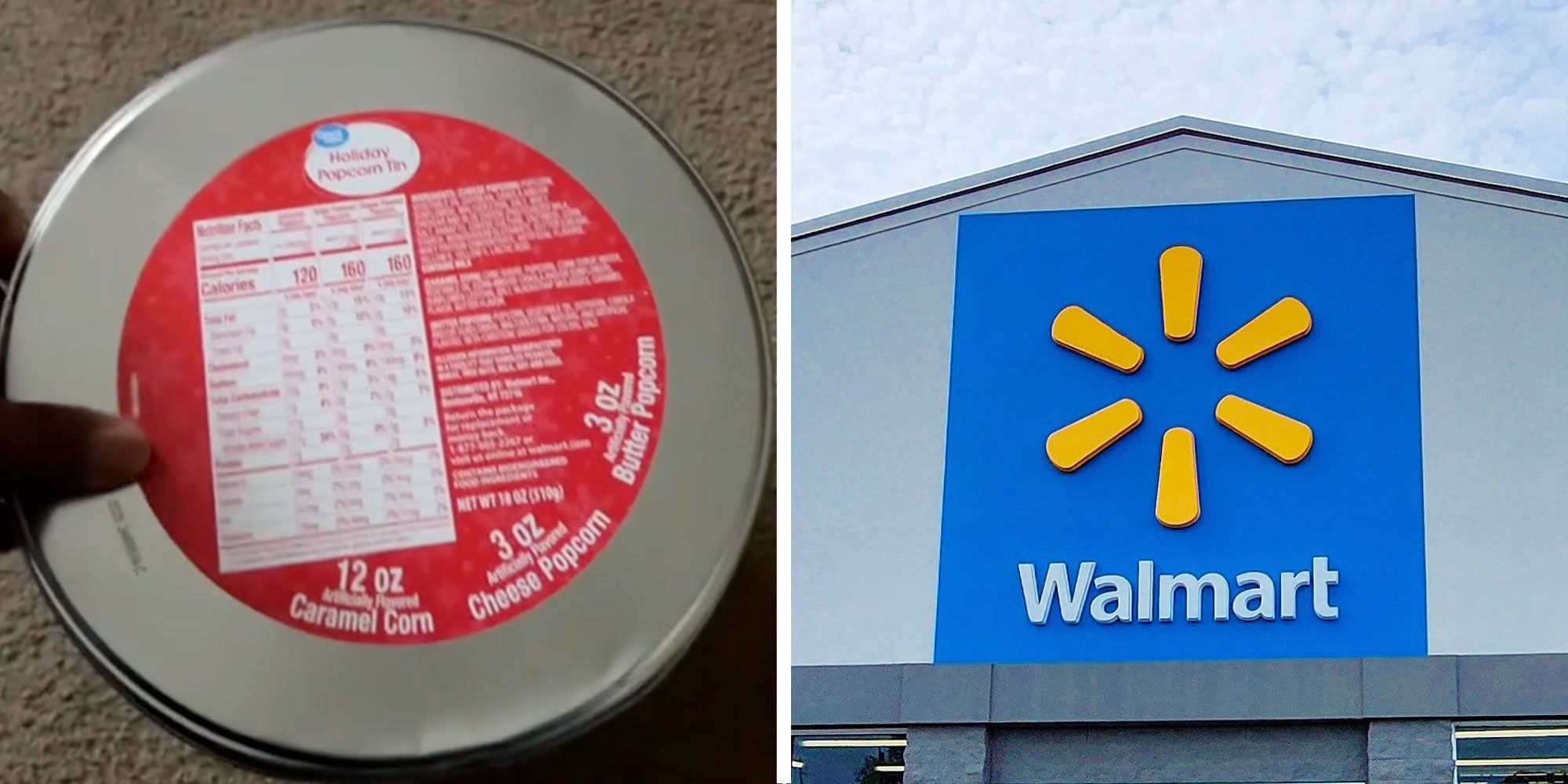 Two panel design with a shot of a large popcorn bucket in the first next to an image of a Walmart
