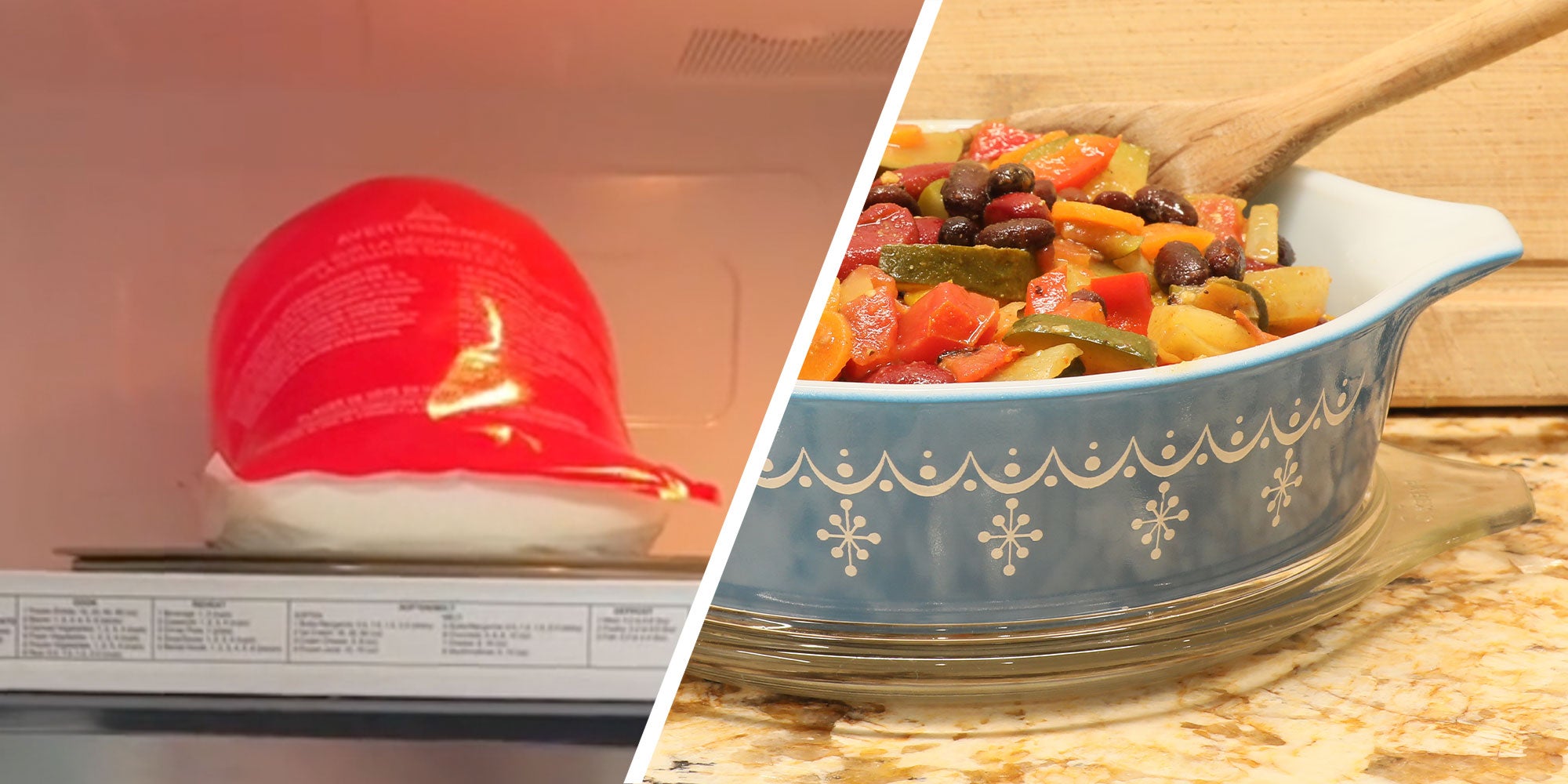 Two panel design with a plastic getting big in a microwage, next to an image of a caserole.