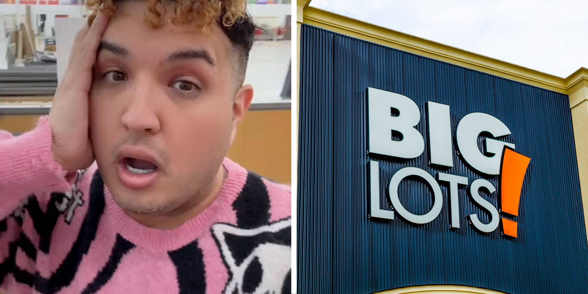 Two panel design with a person looking shocked in one, next to a Big Lots! Store