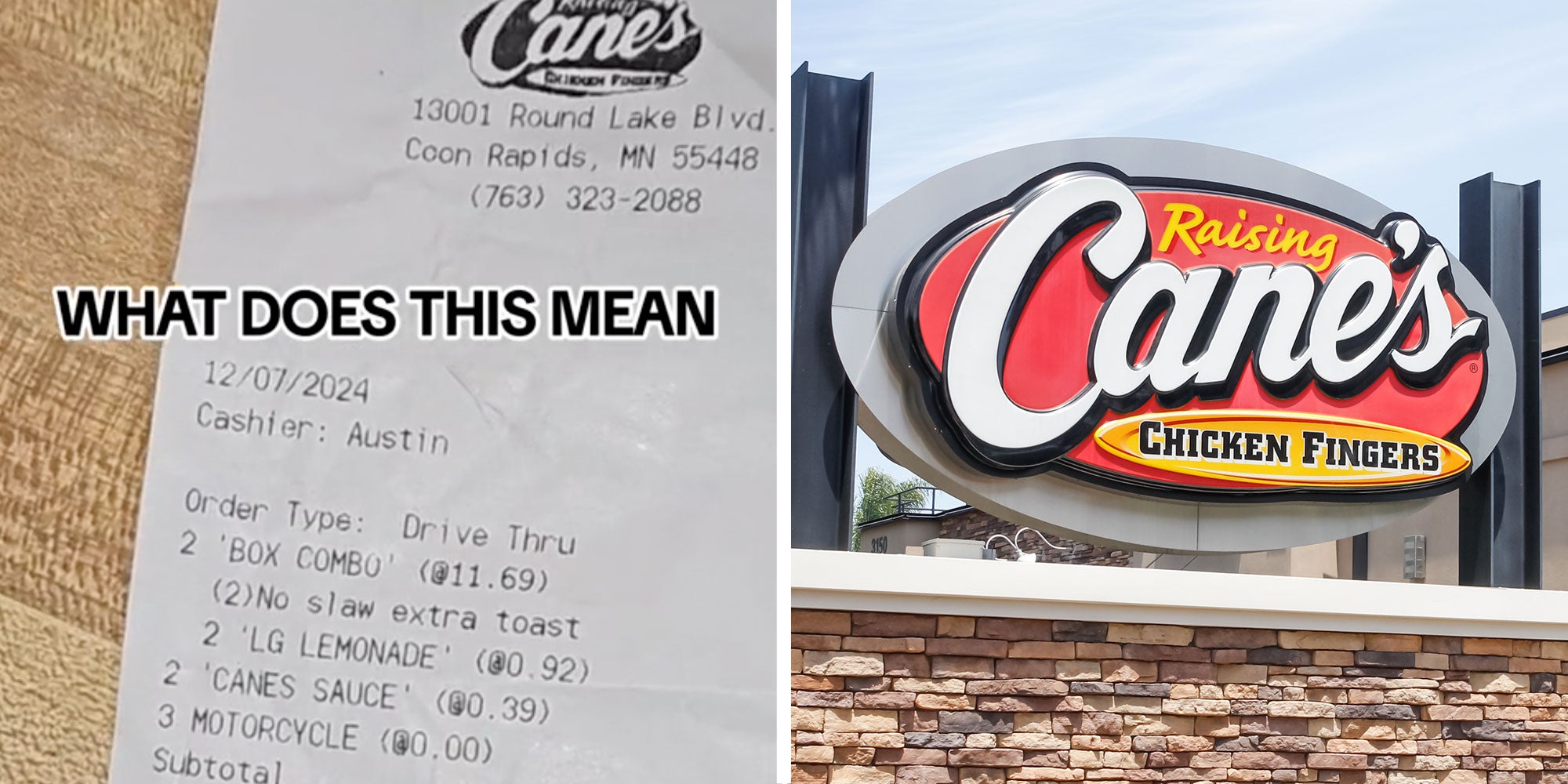 Two panel design with a close up of a receipt with text overlay reading 'What Does This Mean', next to an image of a Raising Cane's Restaurant sign
