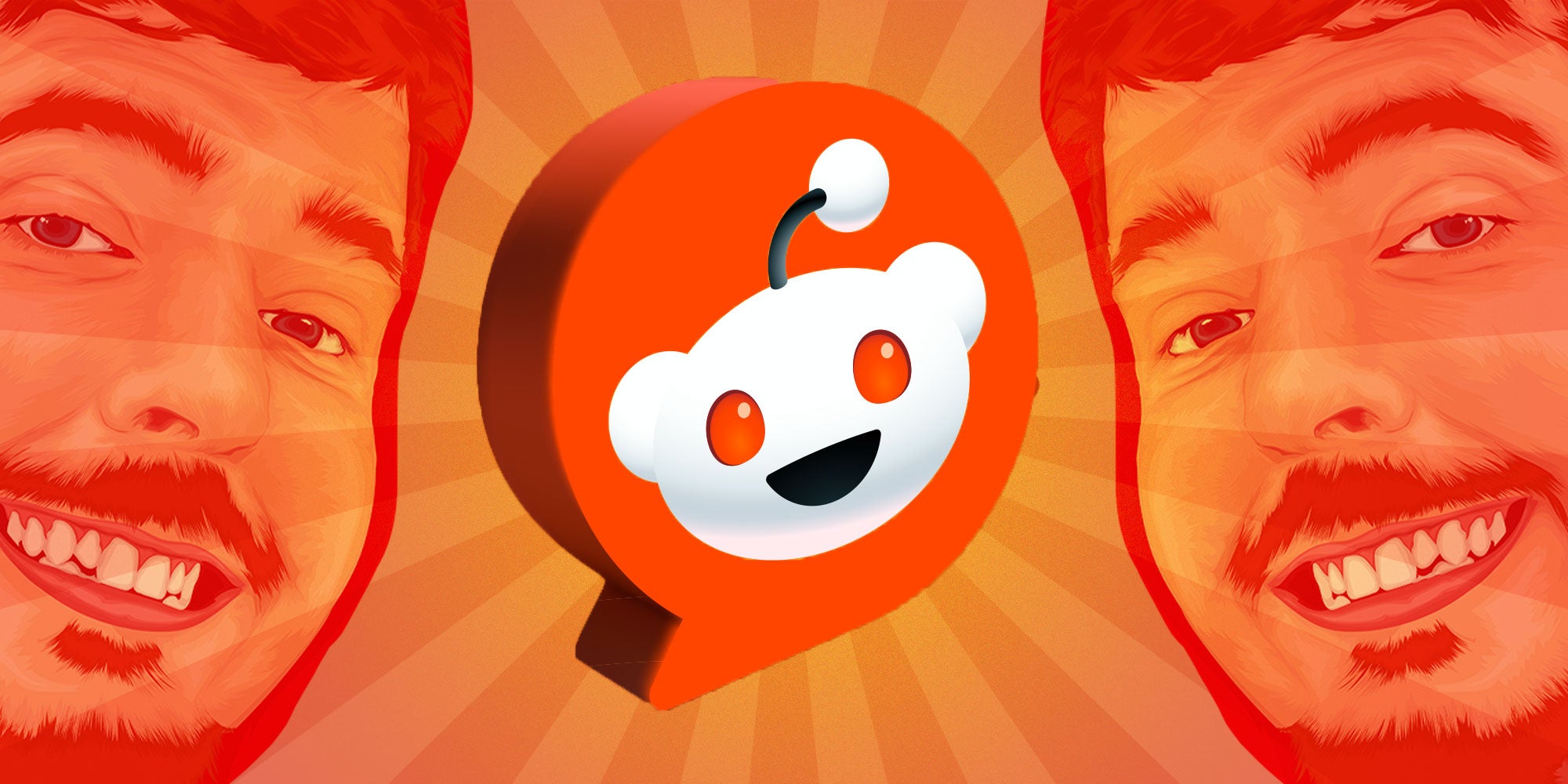 design with the reddit logo in the middle flacked by two images of the YouTuber MrBeast