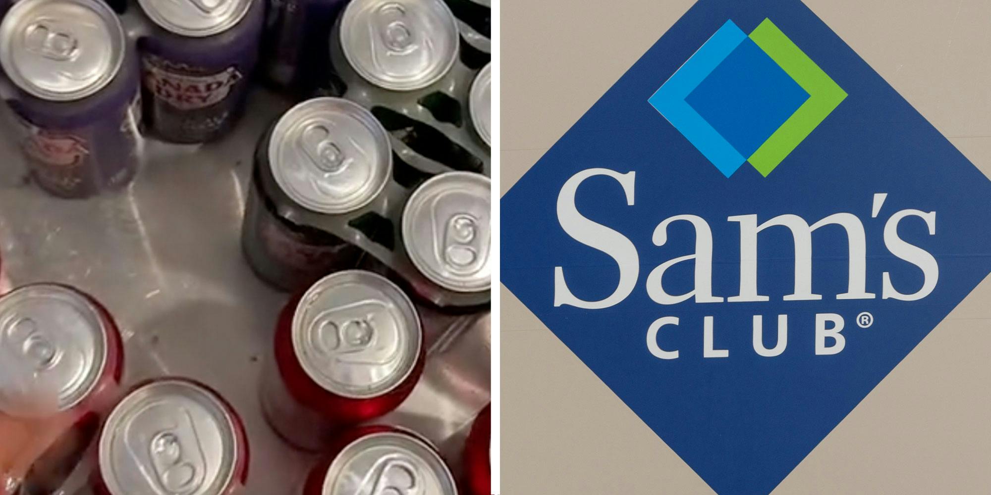 Two panel design with a show of cans in a sink next to an image of a Sam's Club logo