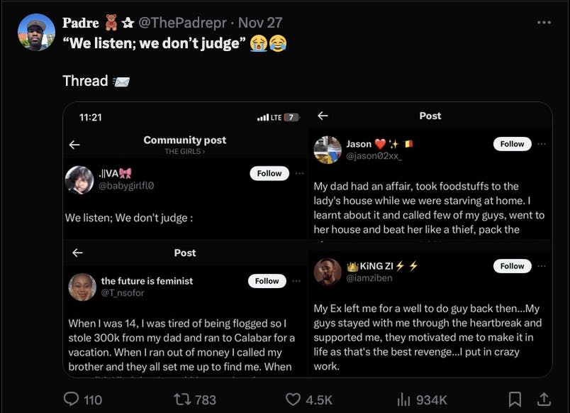 An X account sharing a photo of a collage of X posts with secrets being confessed, and the caption 'we listen, we don't judge' on top.