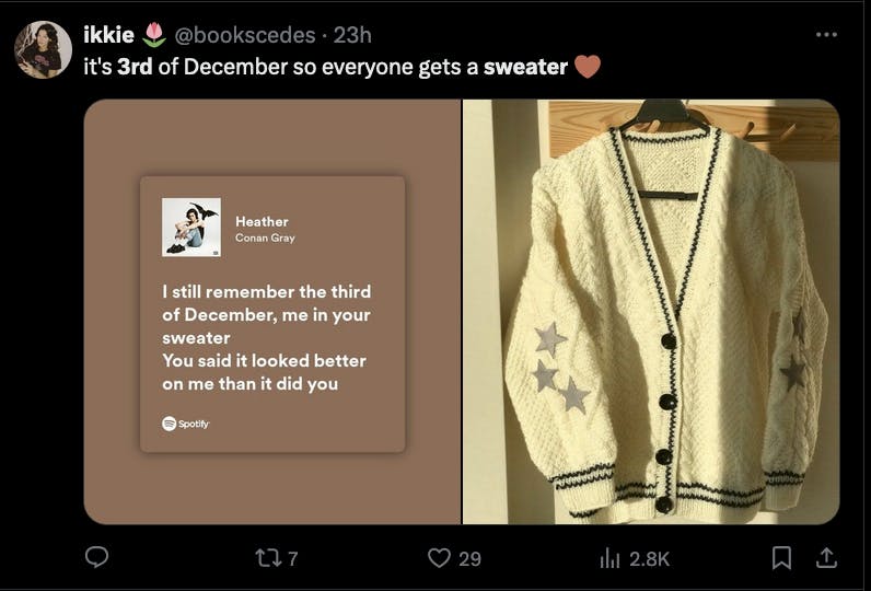 A X post about getting a sweater, with the lyrics to Heather on one side, and a photo of a sweater on the other