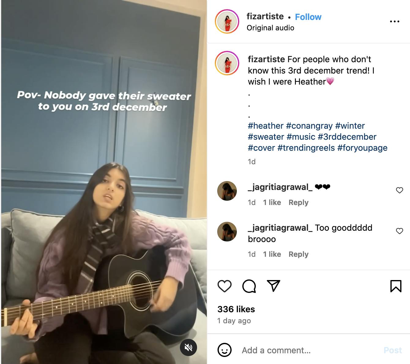 A photo of an instagram video where Fizartiste is playing guitar for those who never got their sweater on the 3rd of December