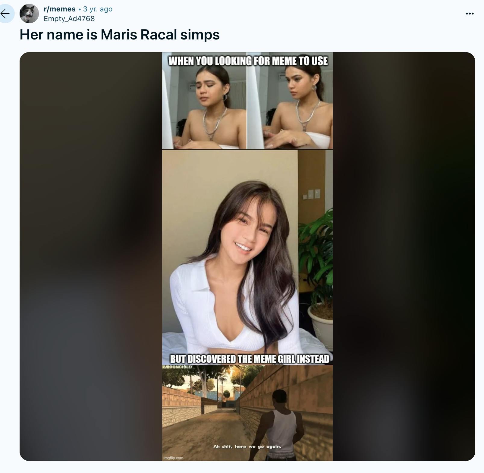 A Reddit post of Maris Racal saying 'her name is Maris Racal Simps' with a collage of Racal