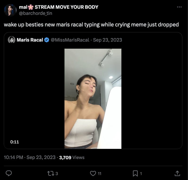 An X post saying 'Wake up Besties, a new Maris Racal Crying Video dropped' with the new video