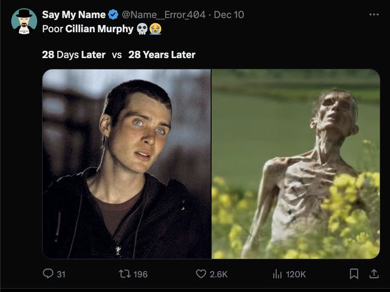 A tweet of Cillian murphy from 28 days later and 28 years later.