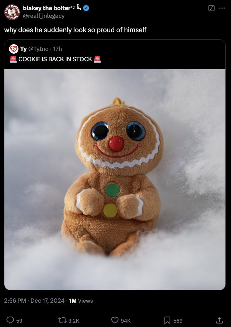 A photo of a Ty X account retweet of Cookie the beanie baby with the caption, why does he look so proud of himself