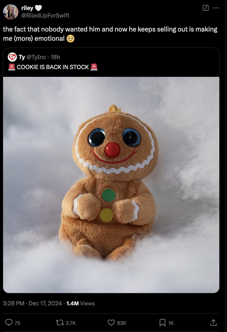 A photo of a Ty X account retweet of Cookie the beanie baby with the caption, nobody wanted him and now he sold out