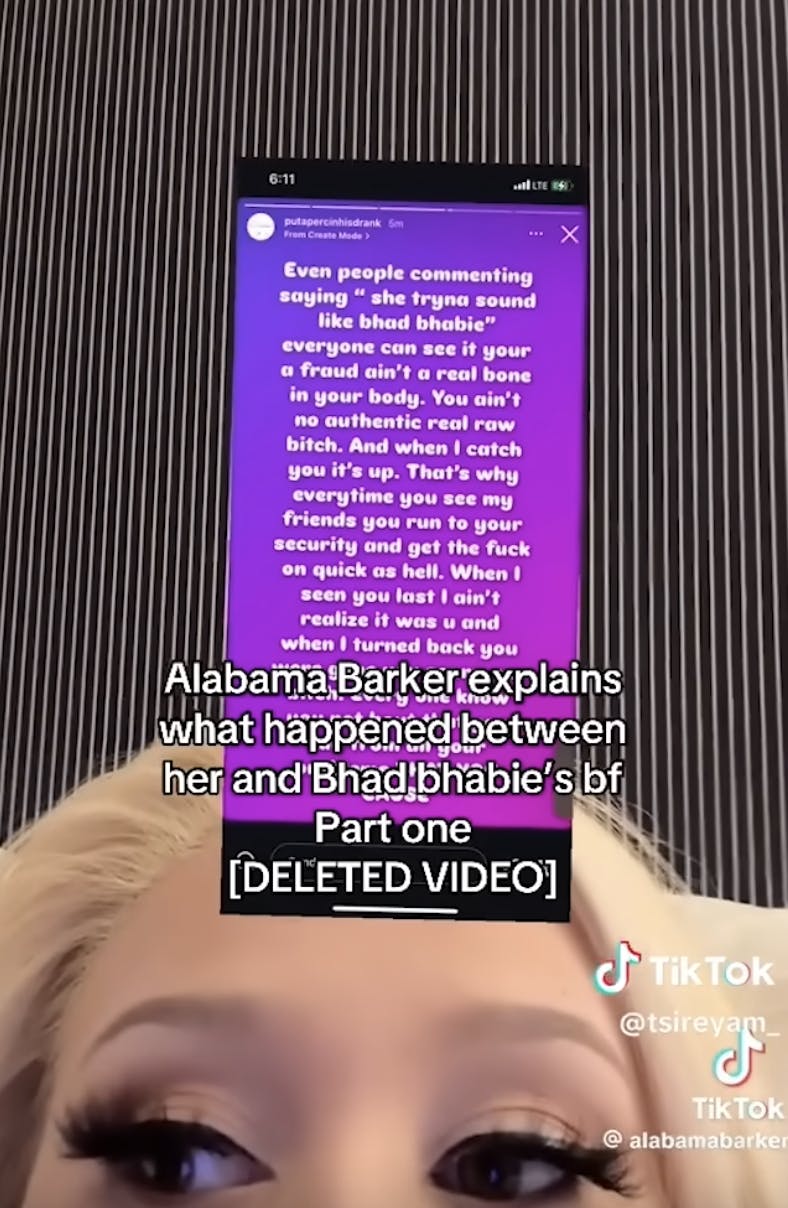 The beginning of Alabama Barker's part one video from her TikTok confessing her side of the Drama