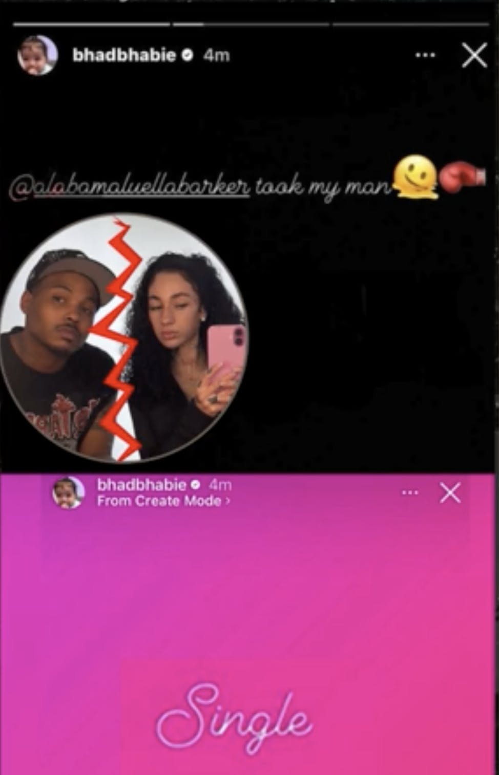 Two-panneled image of Bhad Bhabie's instagram stories about Alabama Barker