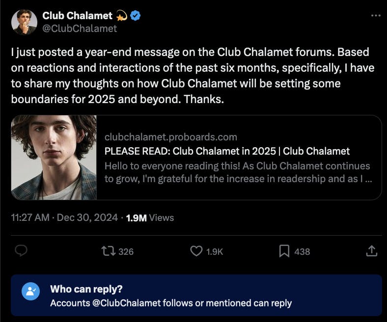 A screengrab of Club Chalamet's X post where she links to the forum