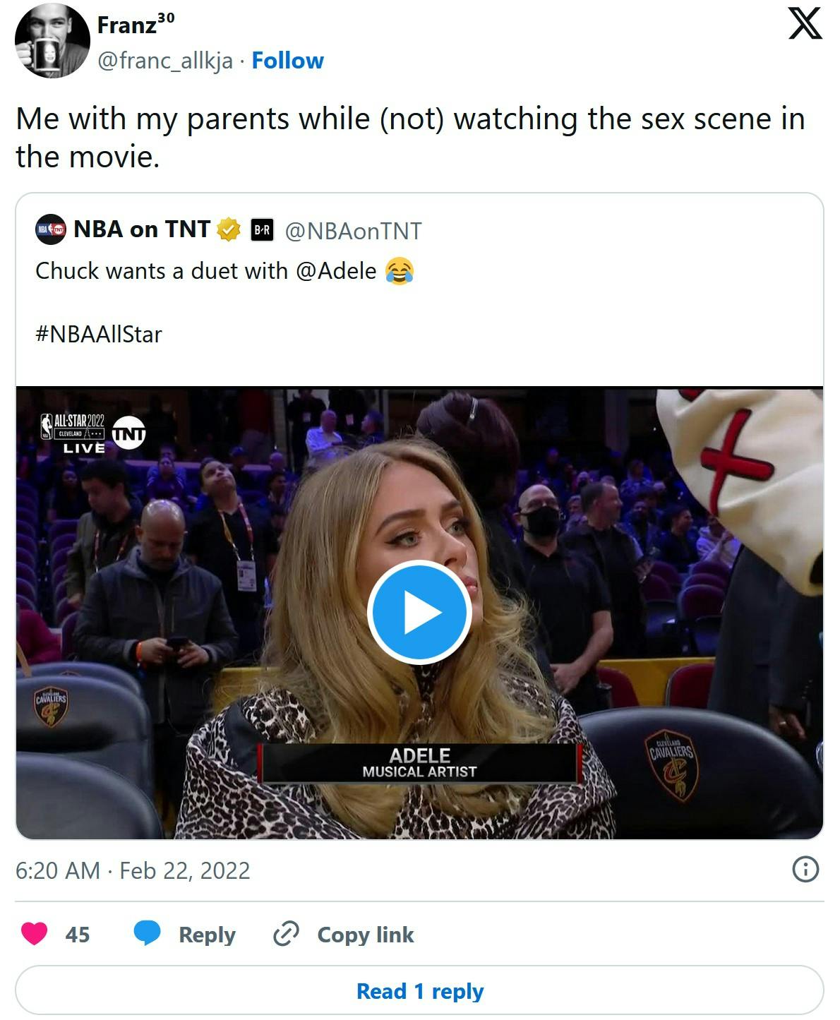 'Me with my parents while (not) watching the sex scene in the movie' adele nba meme