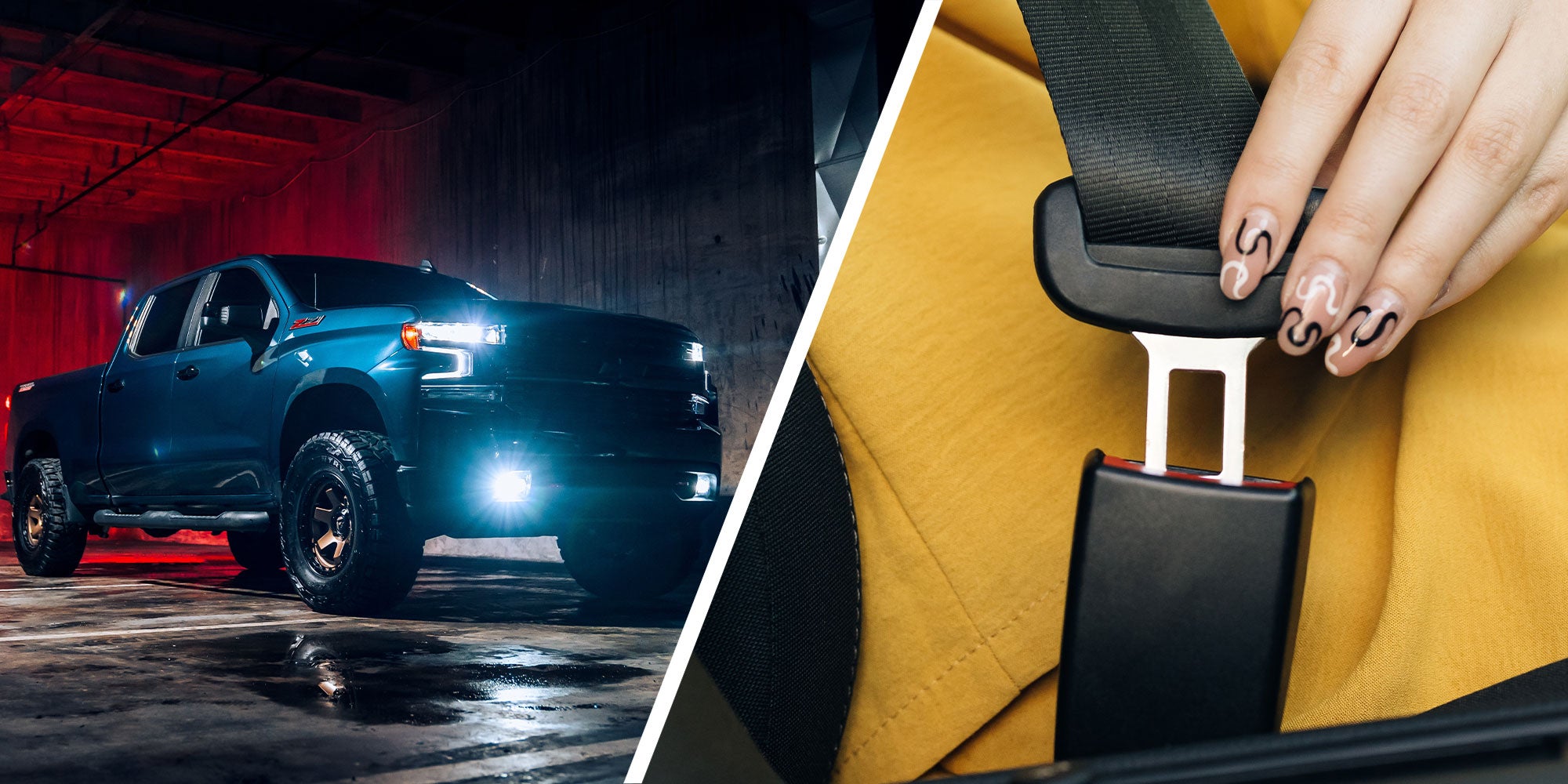 Two panel design with a Silverado truck during the night and in a garage light space, next to an image of someone clicking a seatbelt