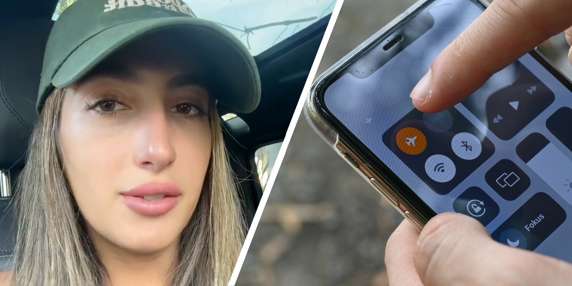 Woman talking(l), Hand pressing airplane mode on phone(r)
