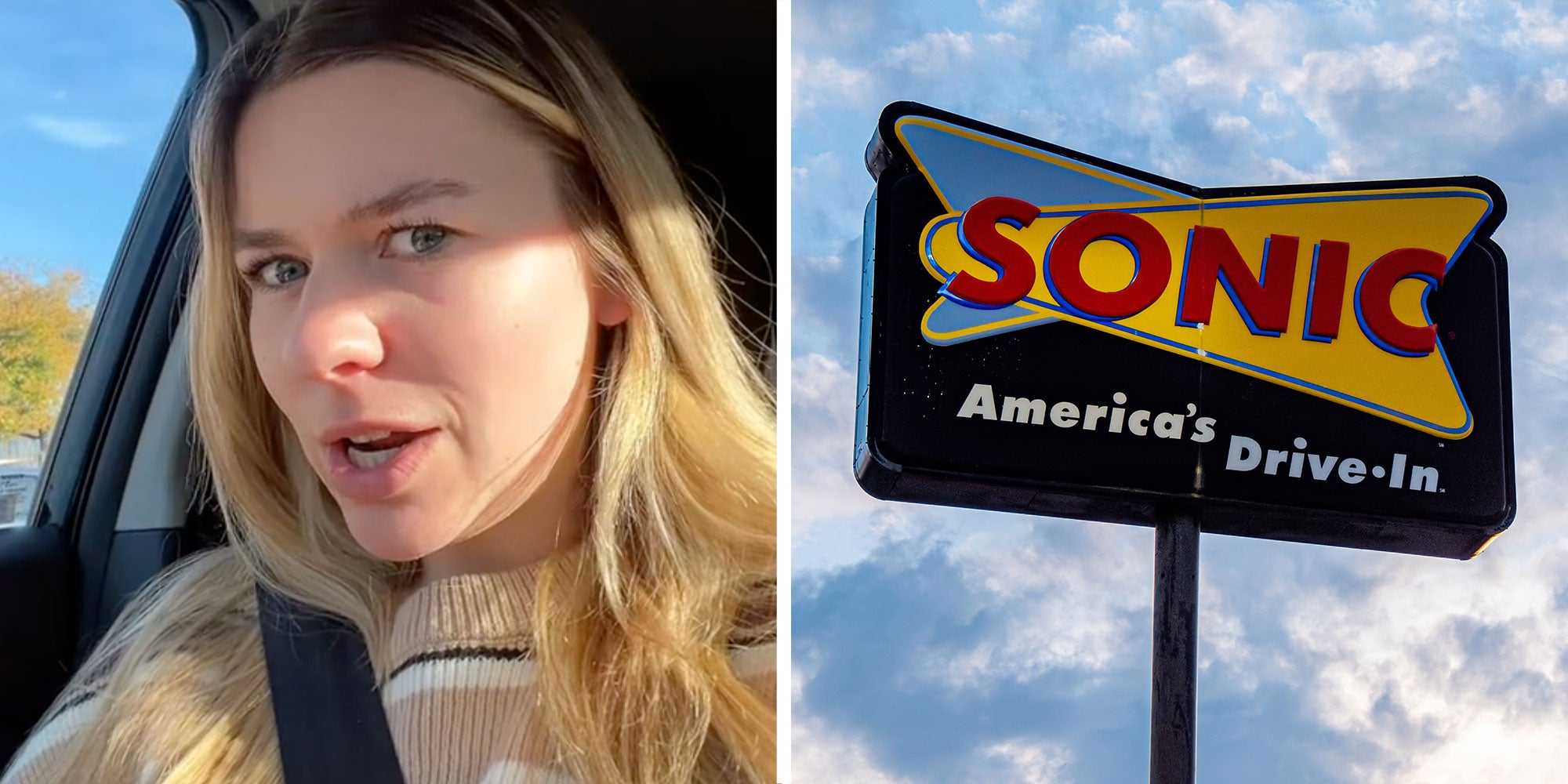 two panel design with a woman looking at the camera in one, next to an image of a sonic sign