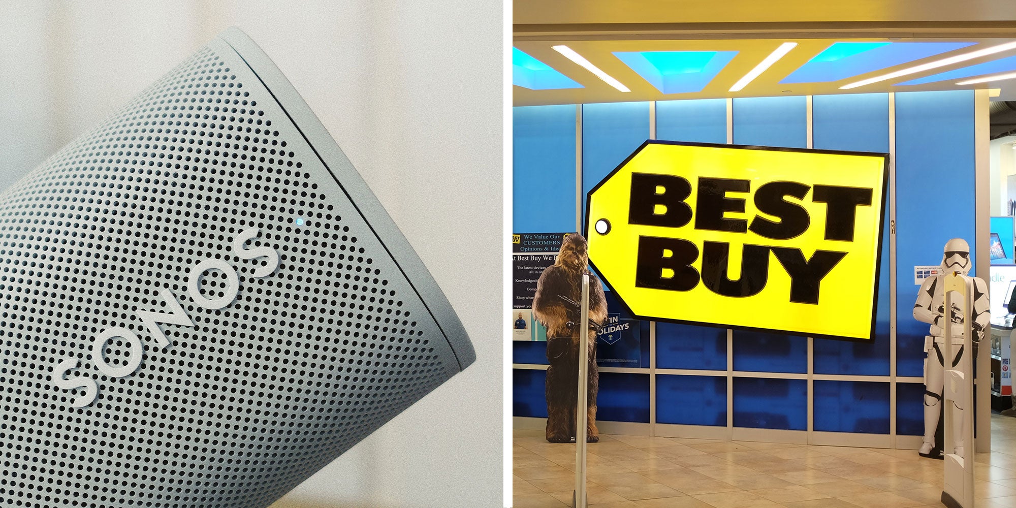 Two panel design with a Sonos speaker in one, next to an image of a Best Buy sign