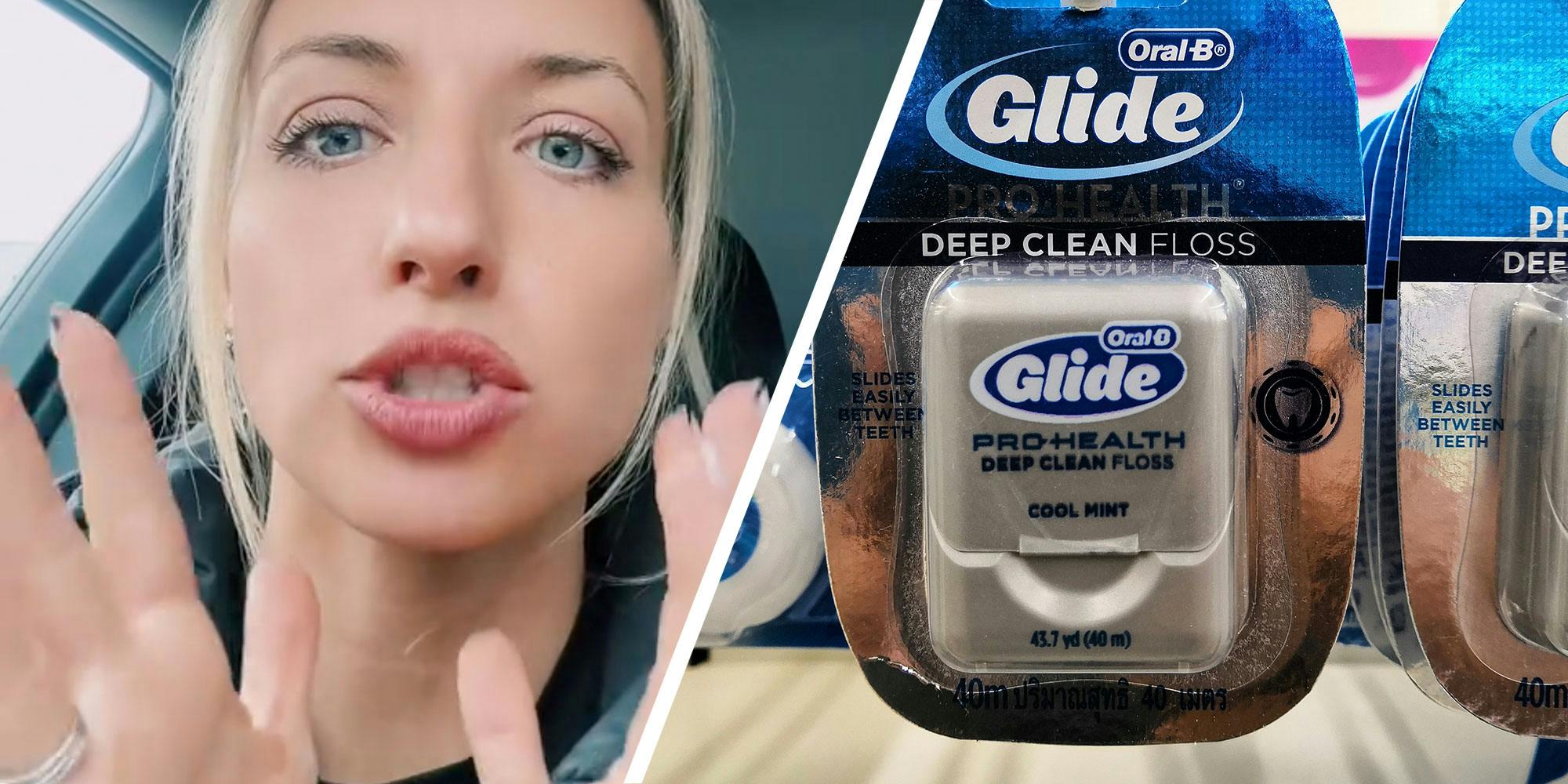 Two panel design with a woman looking frustrated at the camera in one, next to an image of Glide Floss