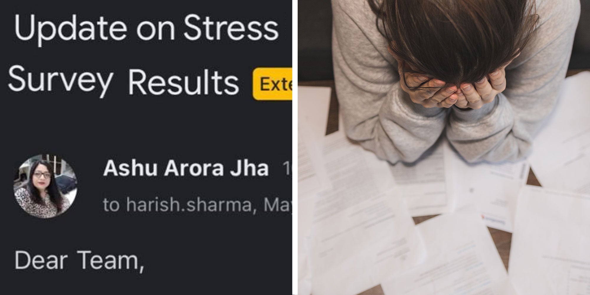 Two panel design with a close up of an email with subject line 'update on stress survey results', next to an image of a stressed worker.