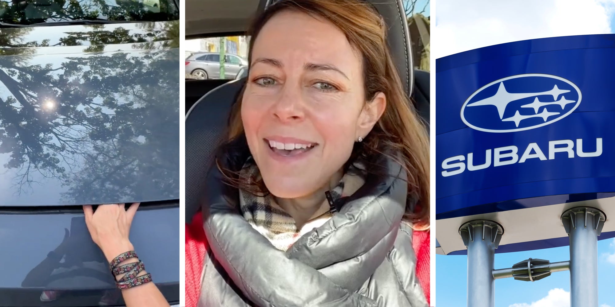 Hand pulling up hood of car(l), Woman talking(c), Subaru sign(r)