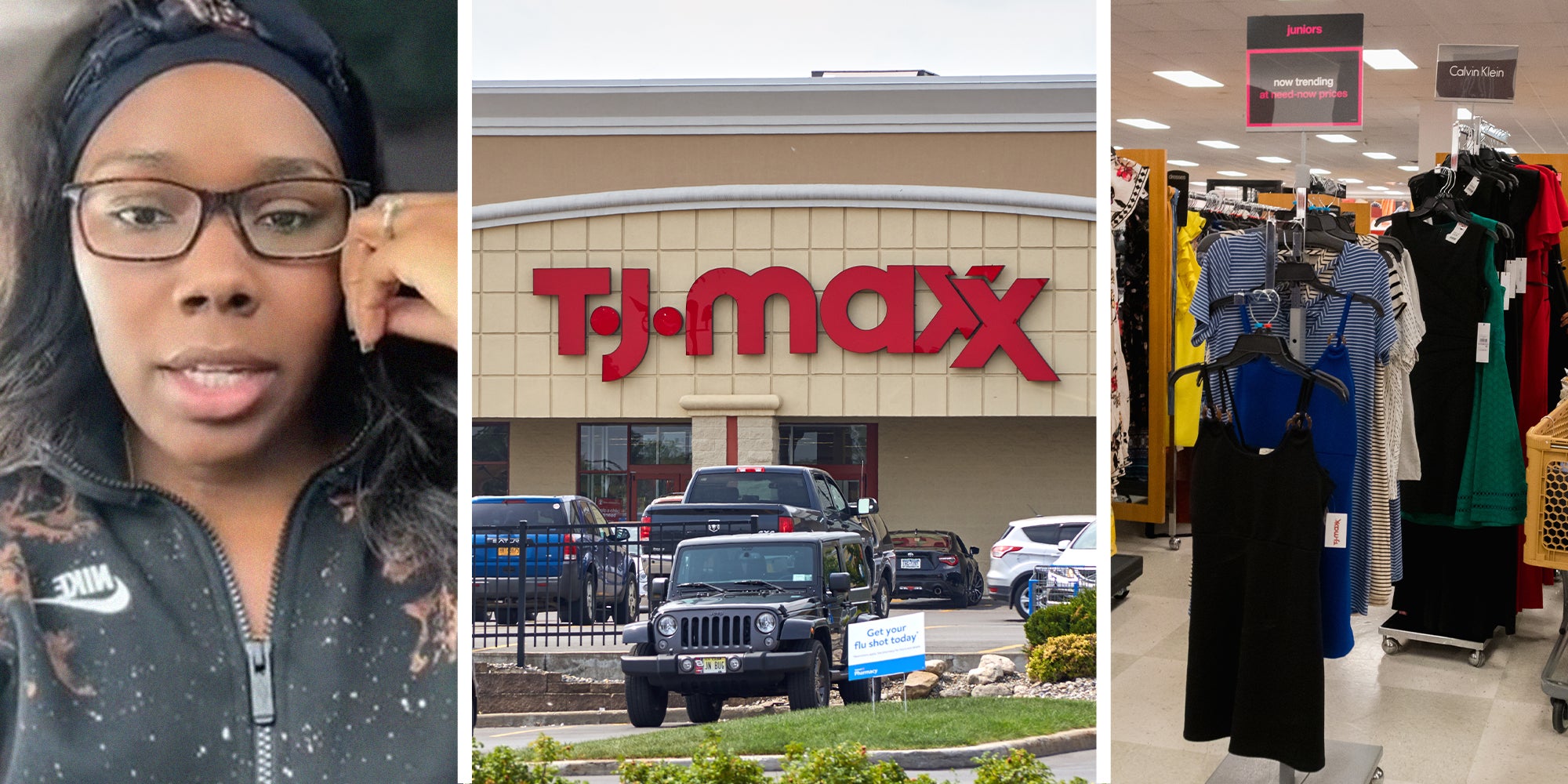 woman sharing the meaning of purple tags at TJ MAXX(l) Tj Maxx Store Front(c) Clothing Rack and TJ Maxx(r)