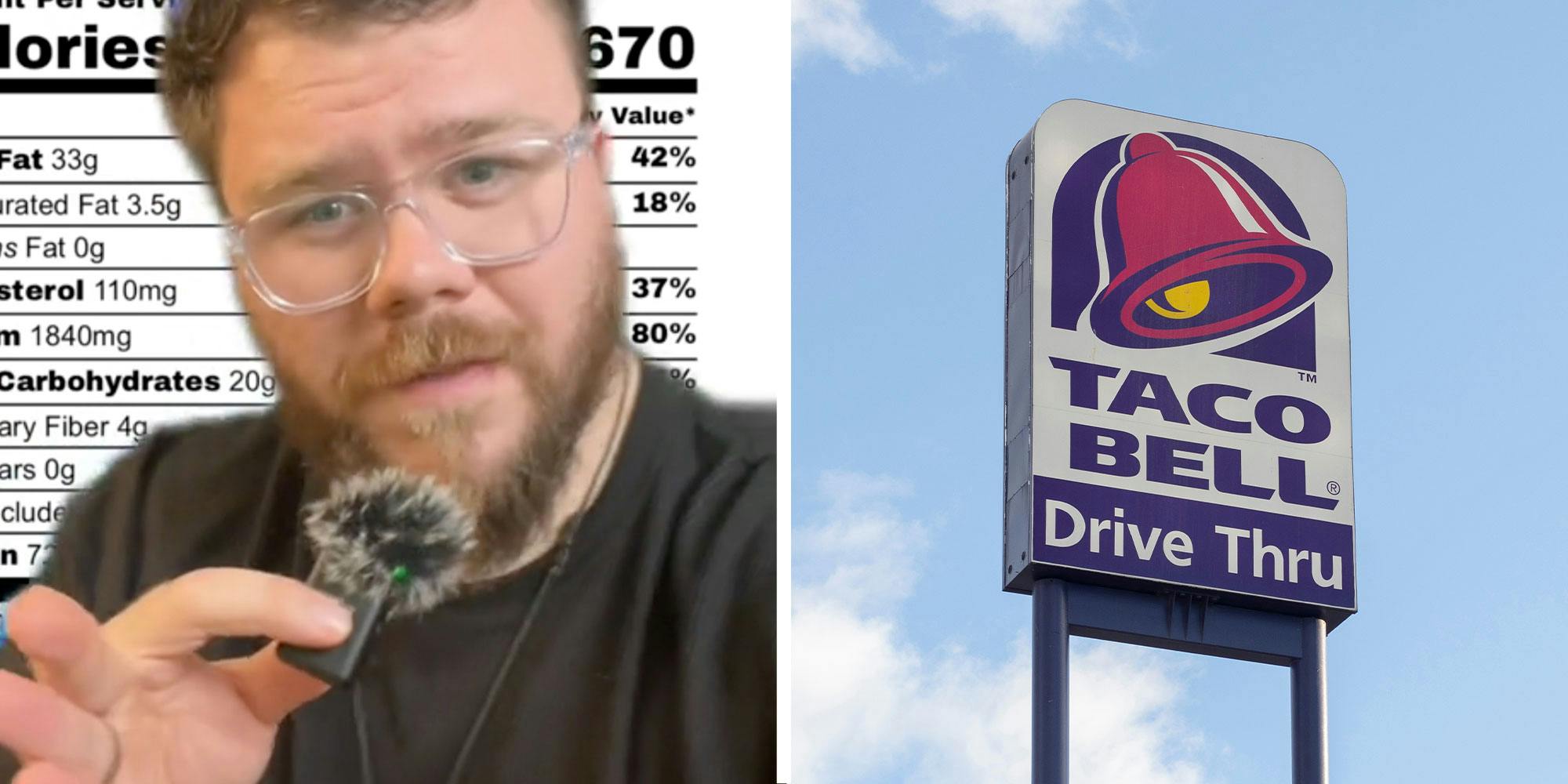 Two panel design with a man talking into a little mic he is holding while looking at the camera, next to an image of a Taco Bell Sign