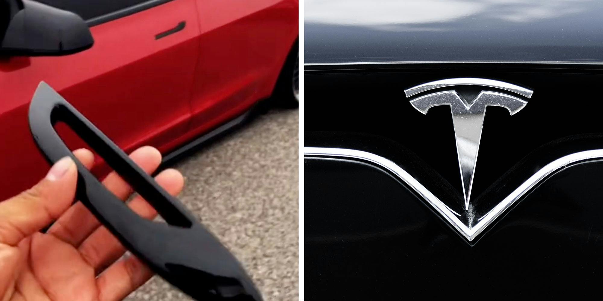 Two panel design with a person holding up a car handle in one, next to an image of a Tesla