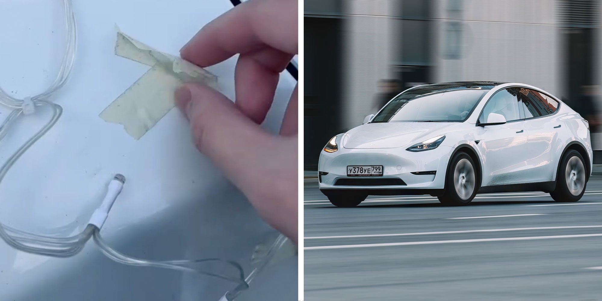 Two panel design with a person pealing off tape from their car, next to an image of a Tesla car