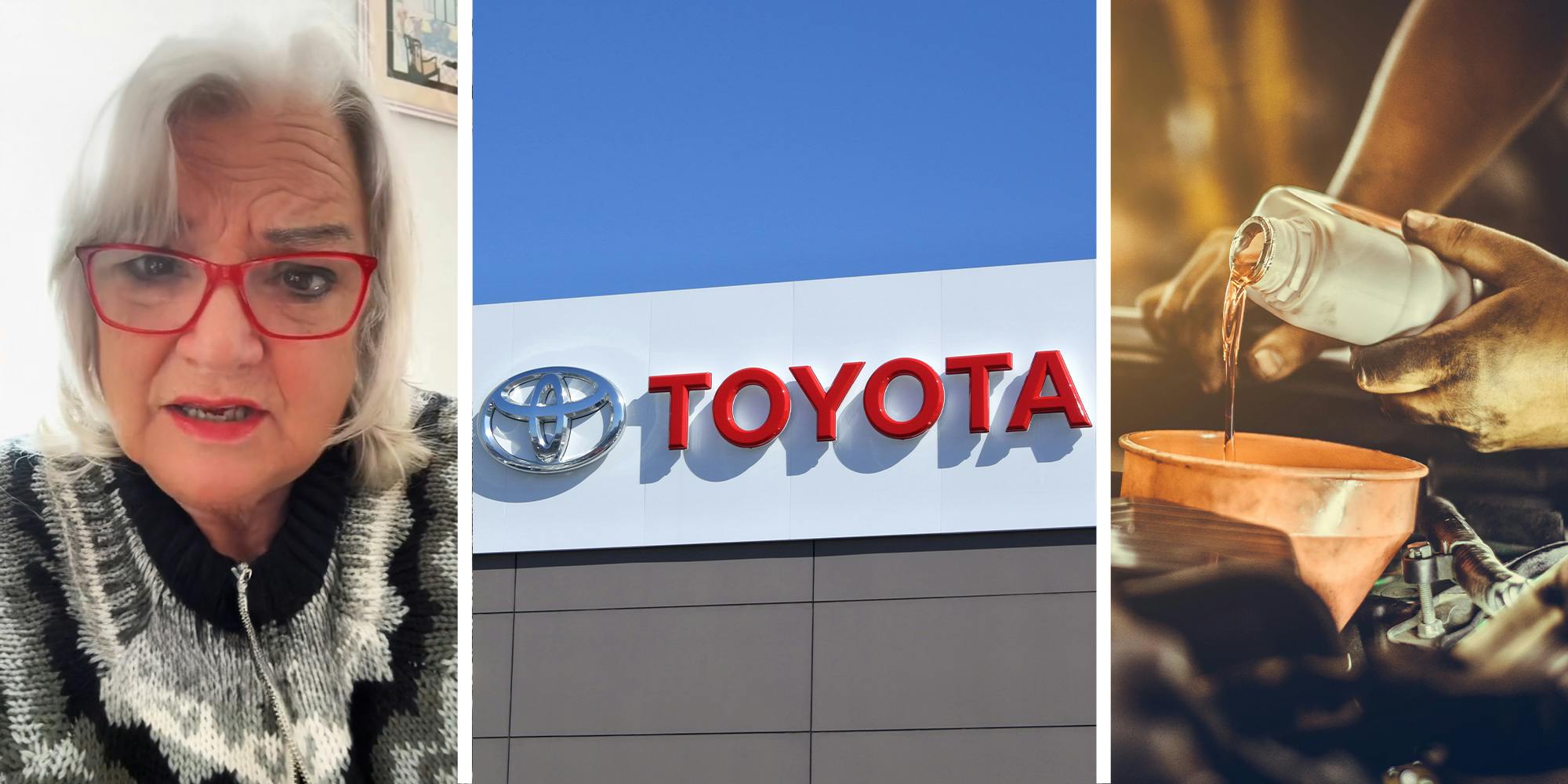 Woman wearing red glasses(l) Toyota Dealer Sign(c) Man putting oil with a funnel on an engine(r)