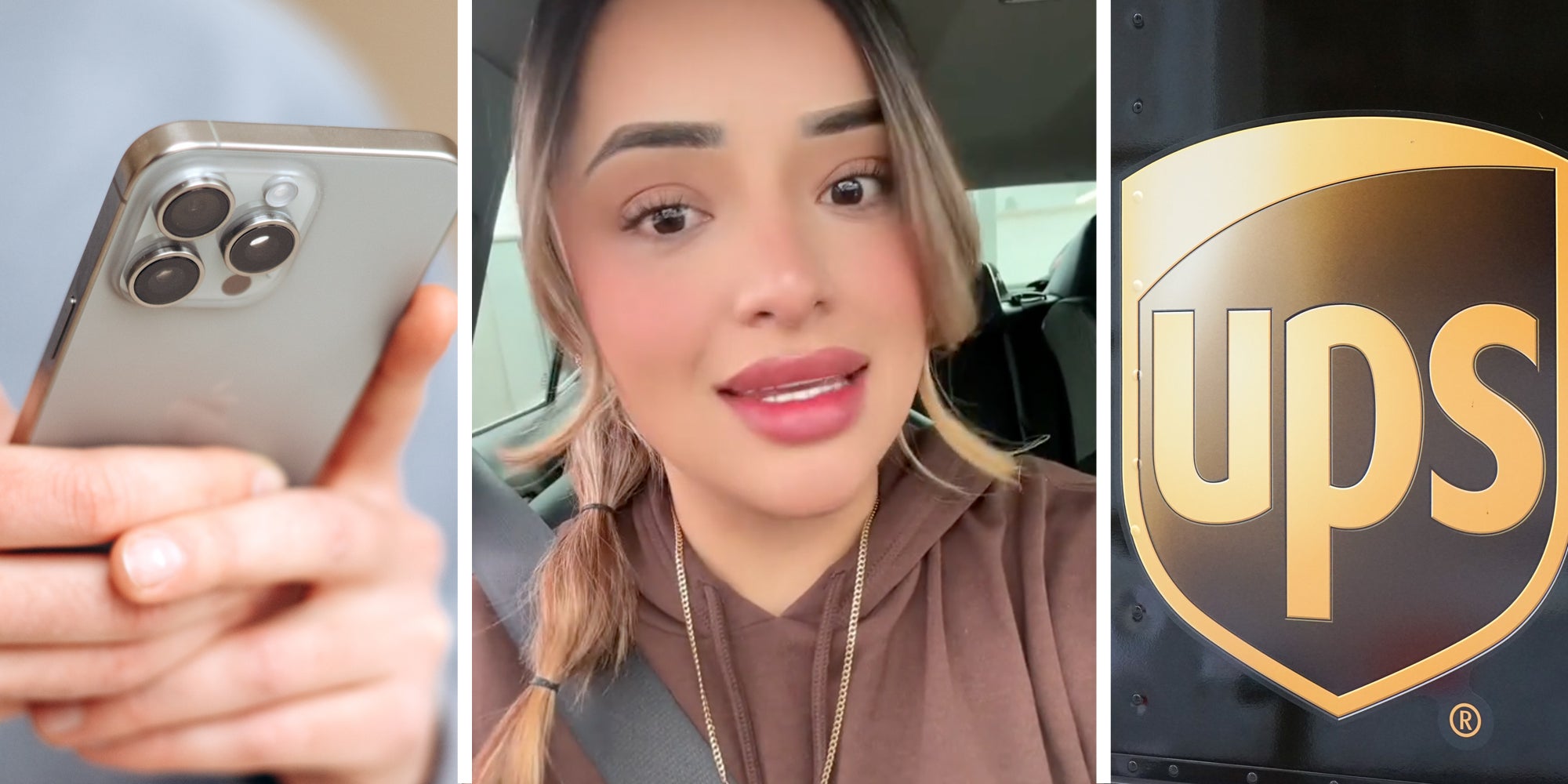 Hands holding iphone(l), Woman talking(c), UPS logo(r)