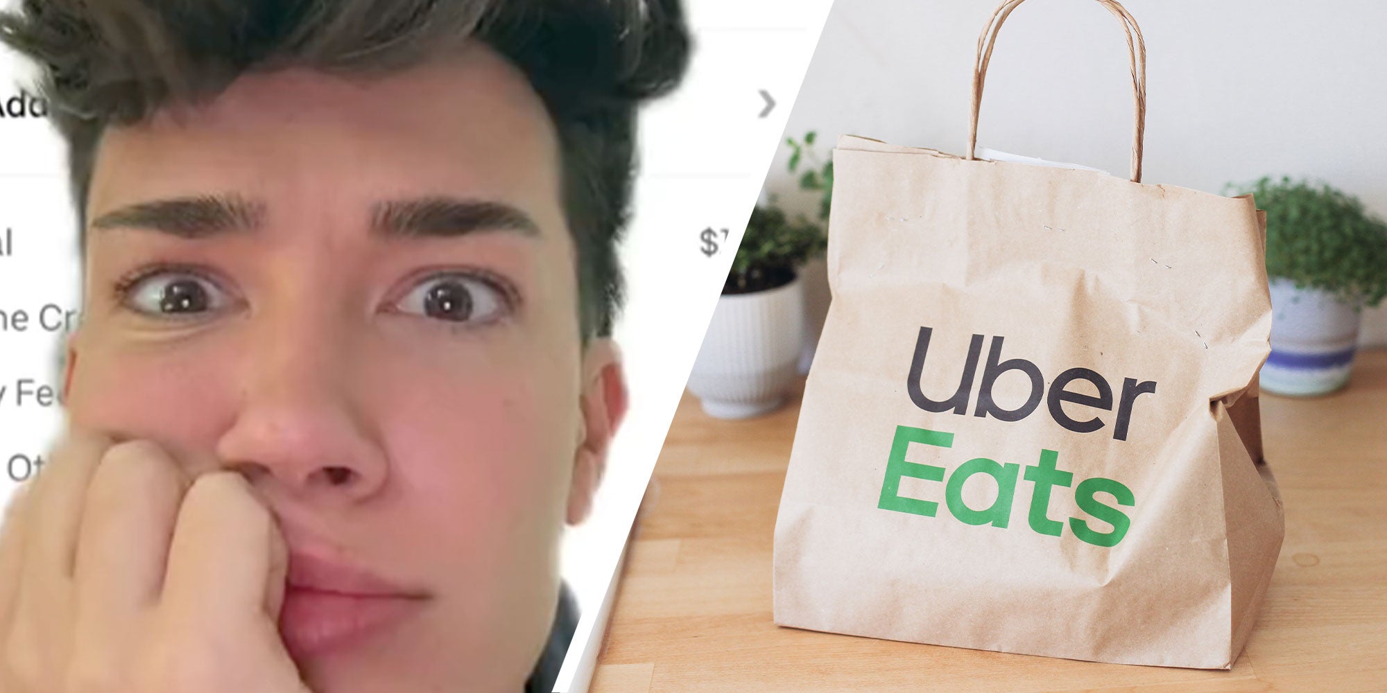 two panel design with a man looking upset and concerned next to an image of an Uber Eats bag