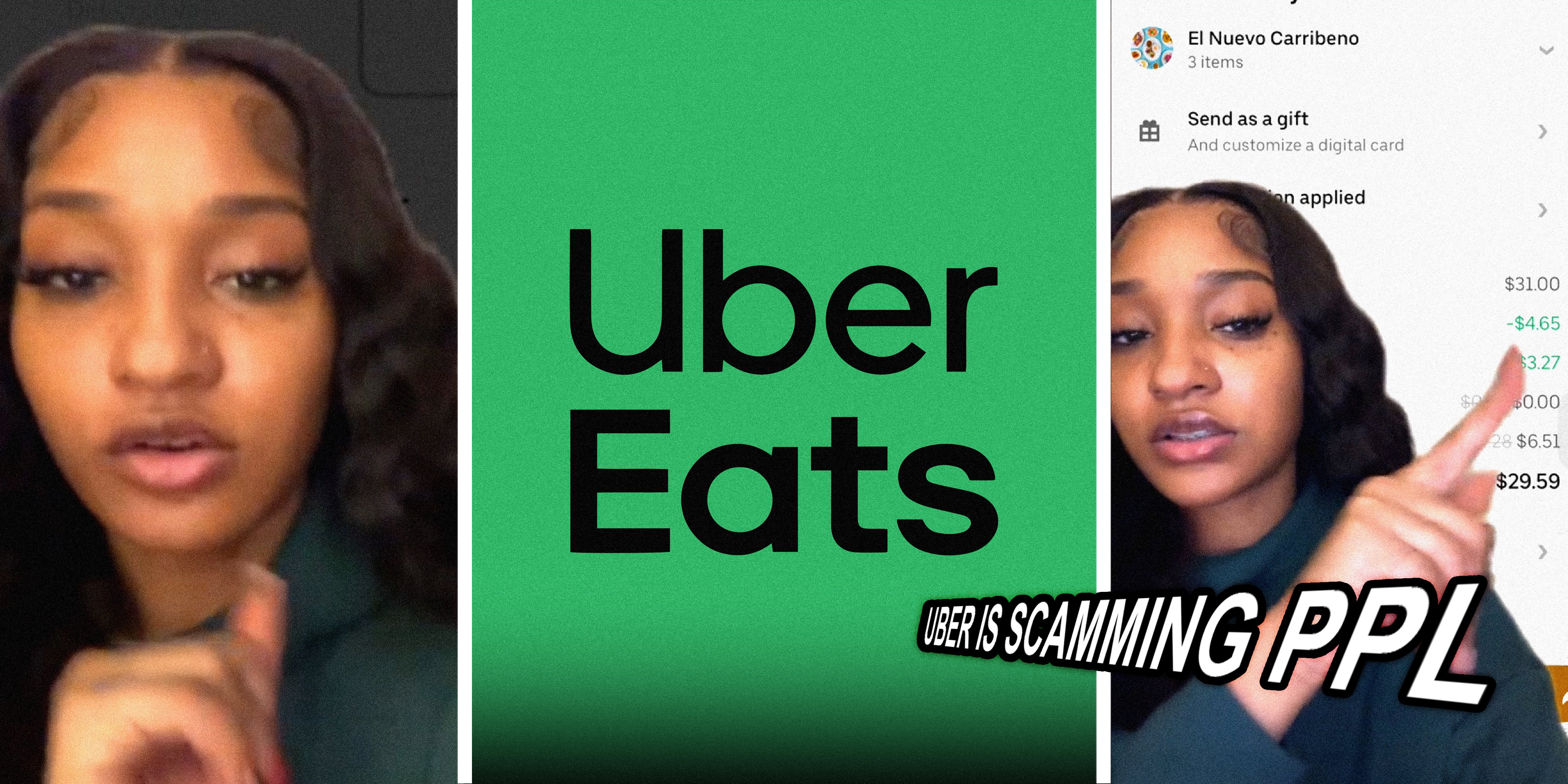 3 panel image, on the sides a person explains and in the middle is the Uber Eats logo with text over, 'Uber is scamming ppl'.