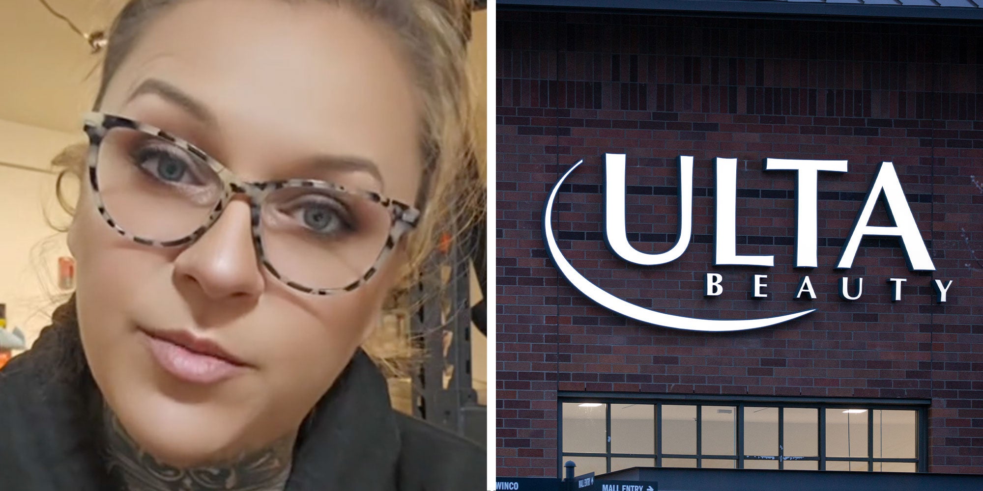 two panel design with a woman looking annoyed and at the camera, next to an image of an ULTA beauty location