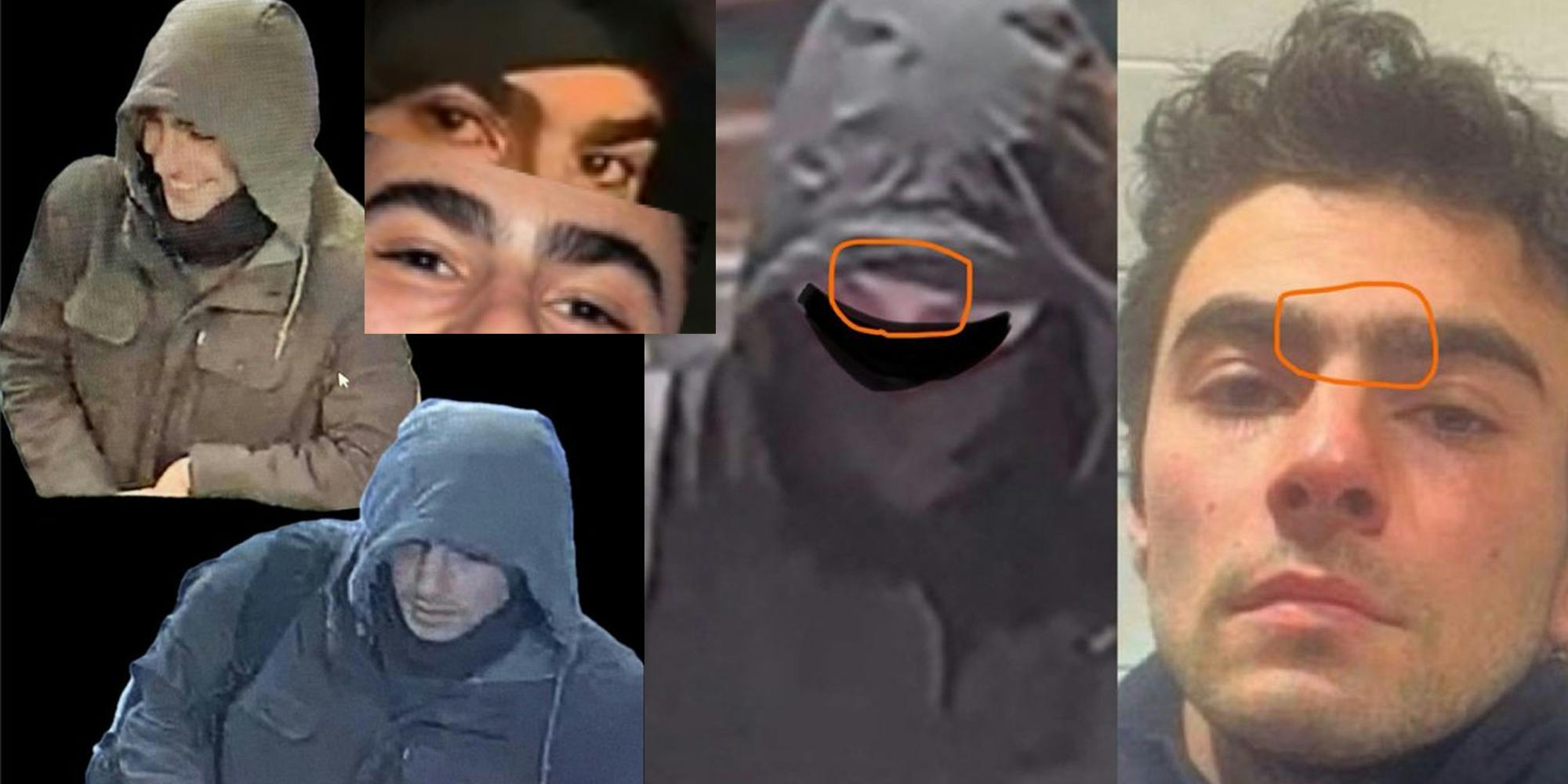 Various pictures of shooter and suspect with their eyebrows being highlighted