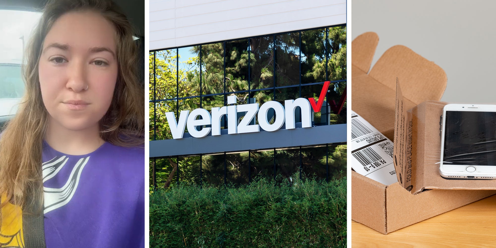 Woman sharing why not to trade your phone with Verizon(l) Verizon Store Sign(c) iPhone being traded in(r)