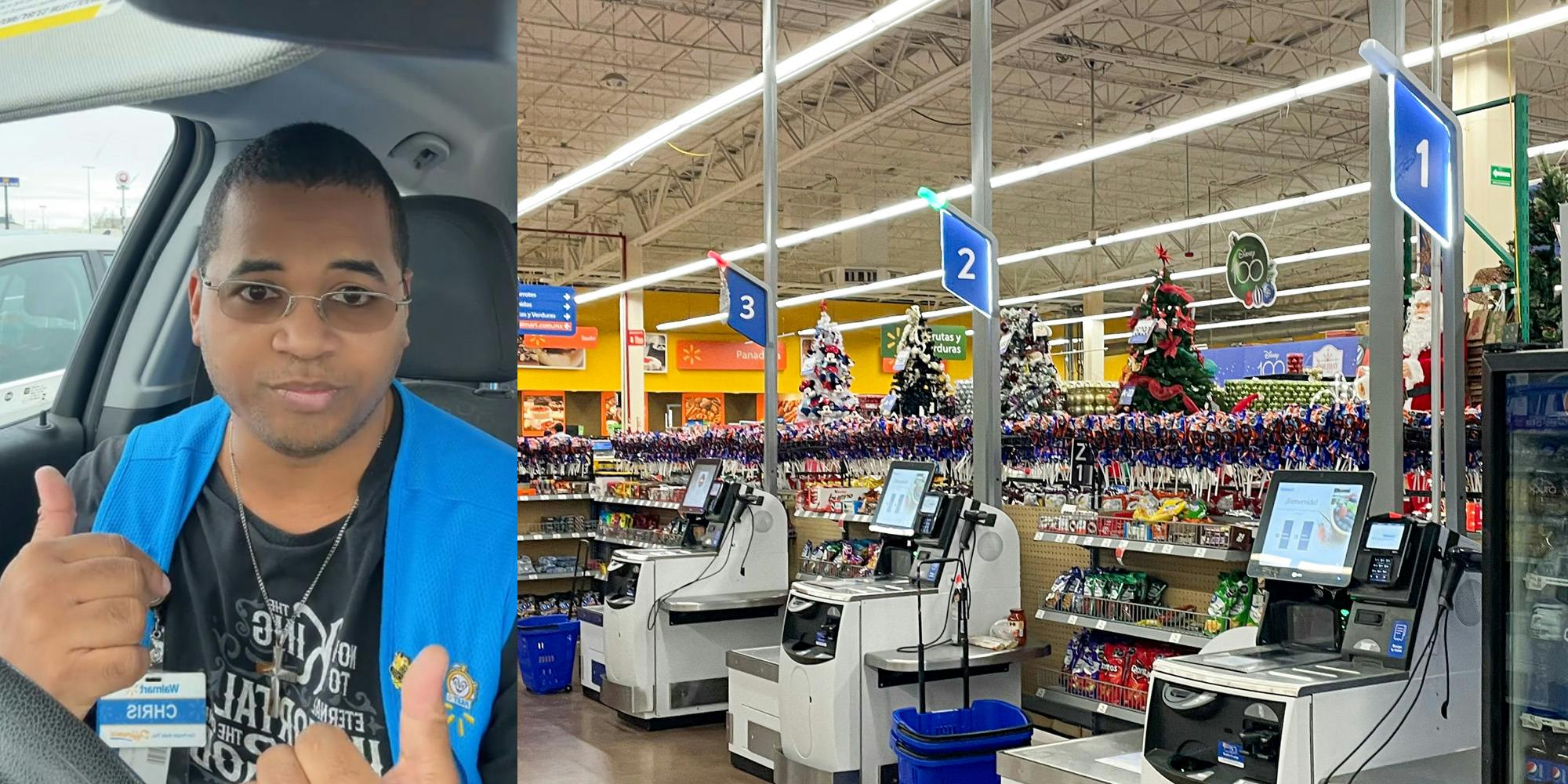 A person speaking to the camera and Walmart self-checkout stations.