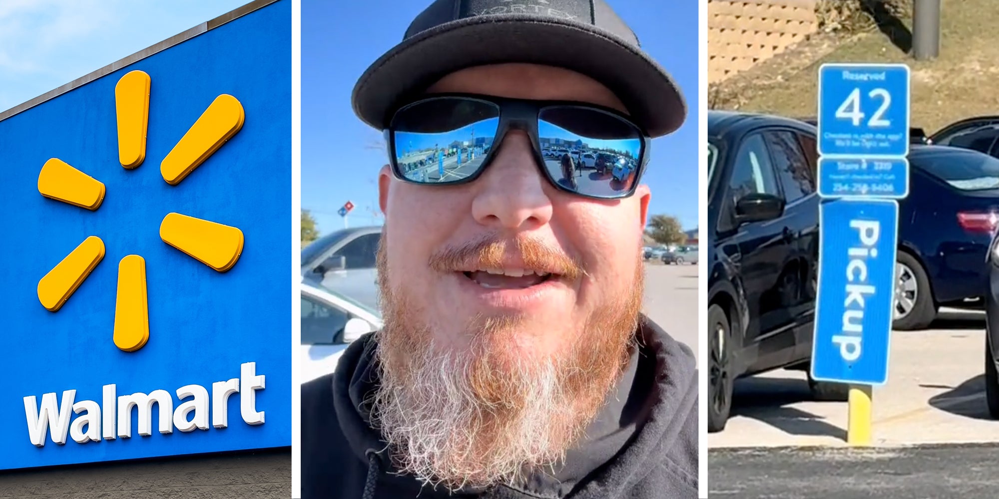 Walmart sign(l), Man talking(c), Parking spot #42(r)