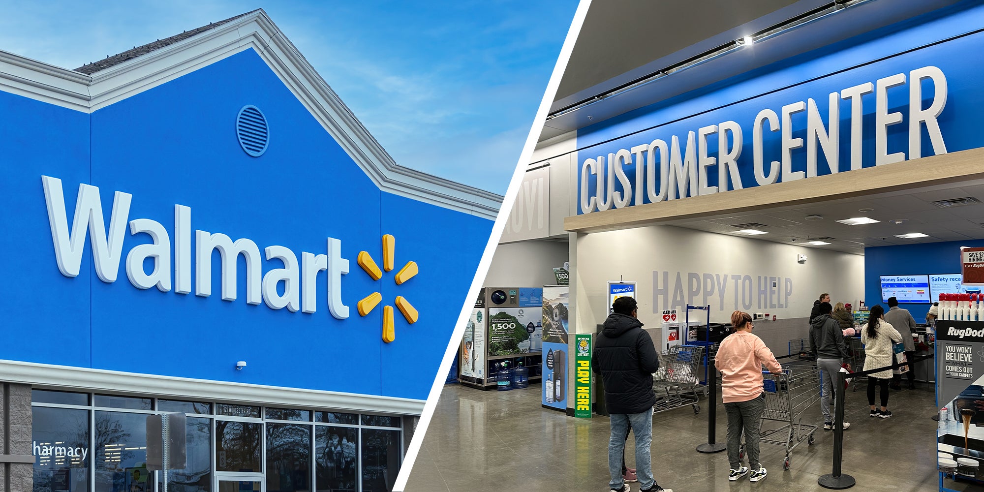 Walmart Store Front(l) Line at Customer center Walmart(r)