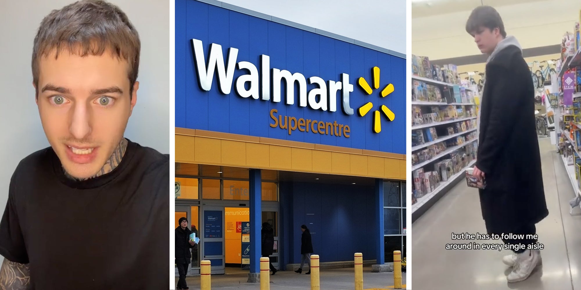 Man talking(l), Walmart storefront(c), Man in aisle with text 'but he has to follow me around in every single aisle'(r)