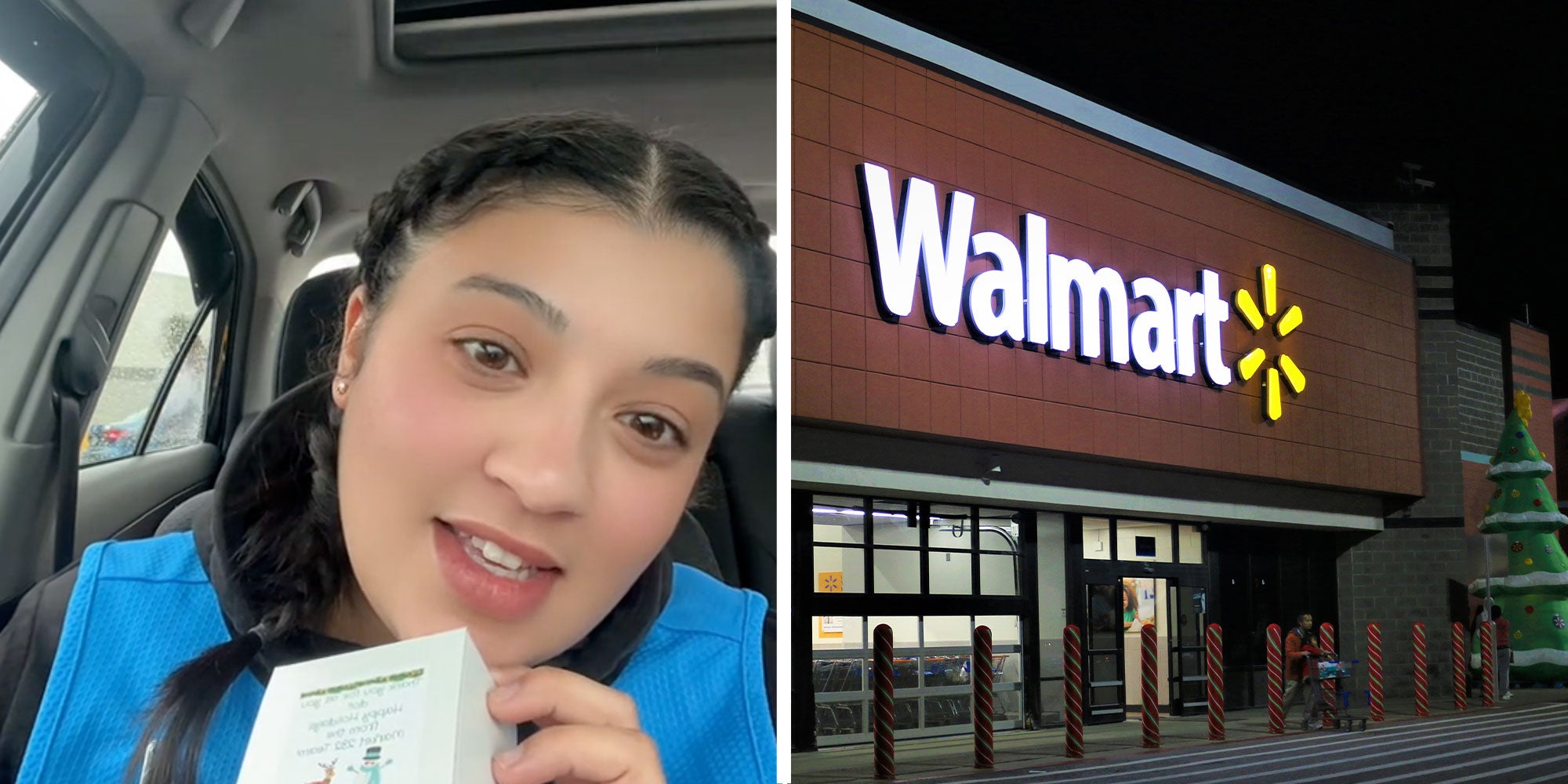 two panel design with a walmart associate talking in her car holding a tiny box, next to an image of a walmart