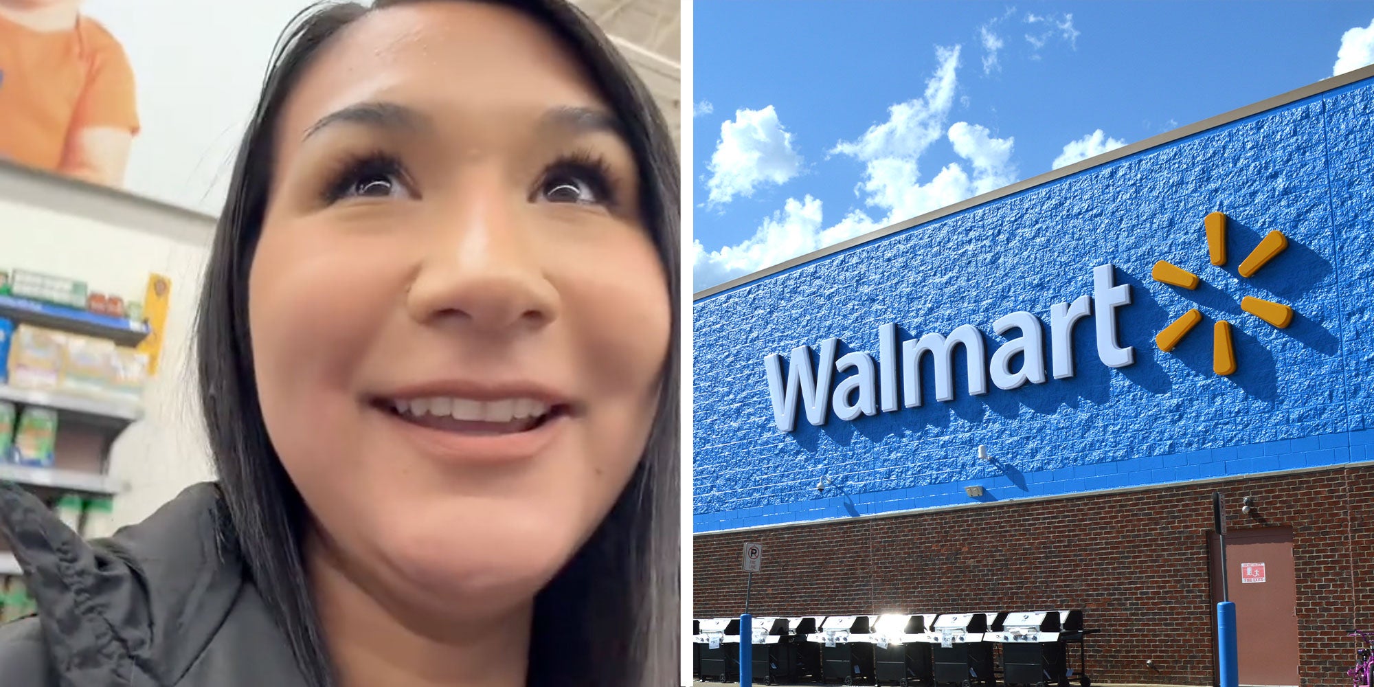 Two panel design with a woman walking and talking to her camera in a stare, next to an image of a Walmart sign