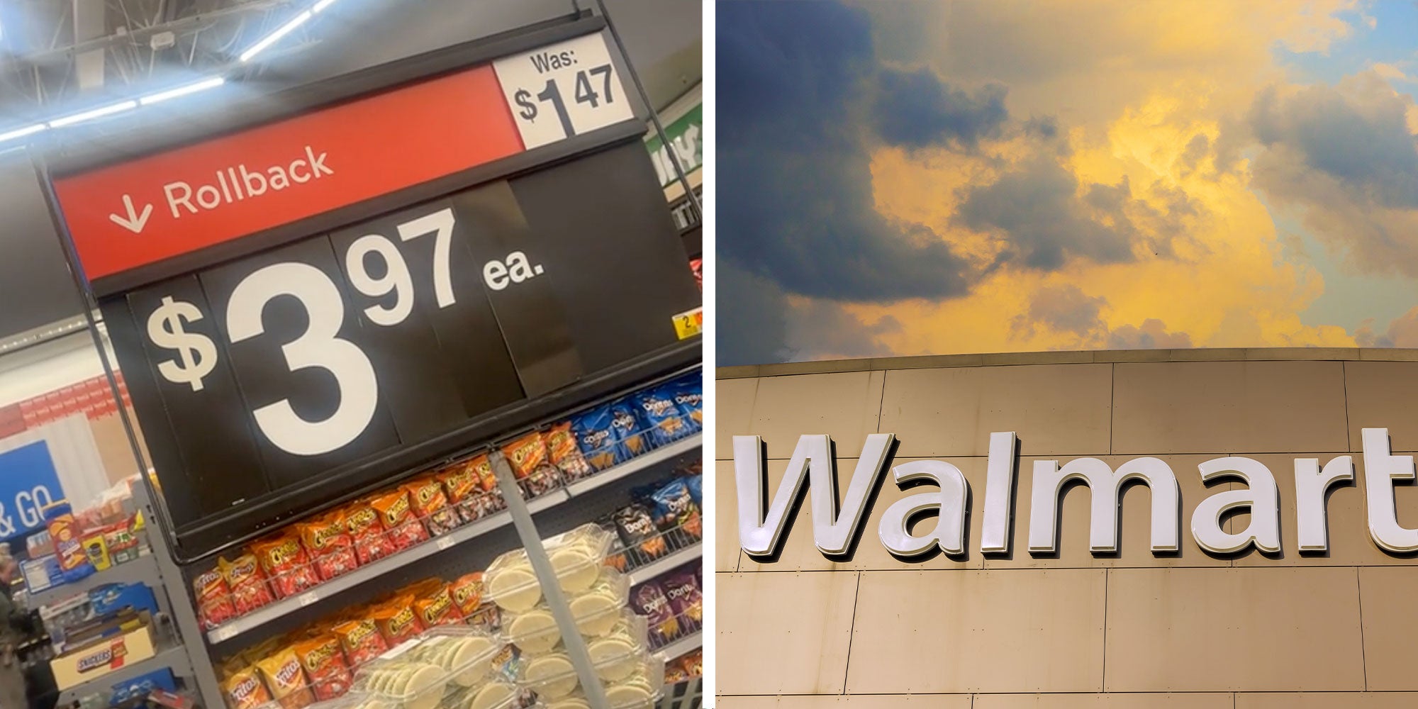 Two panel design with a shot of a Walmart price with 'Rollback' at the top next to an image of a Walmart