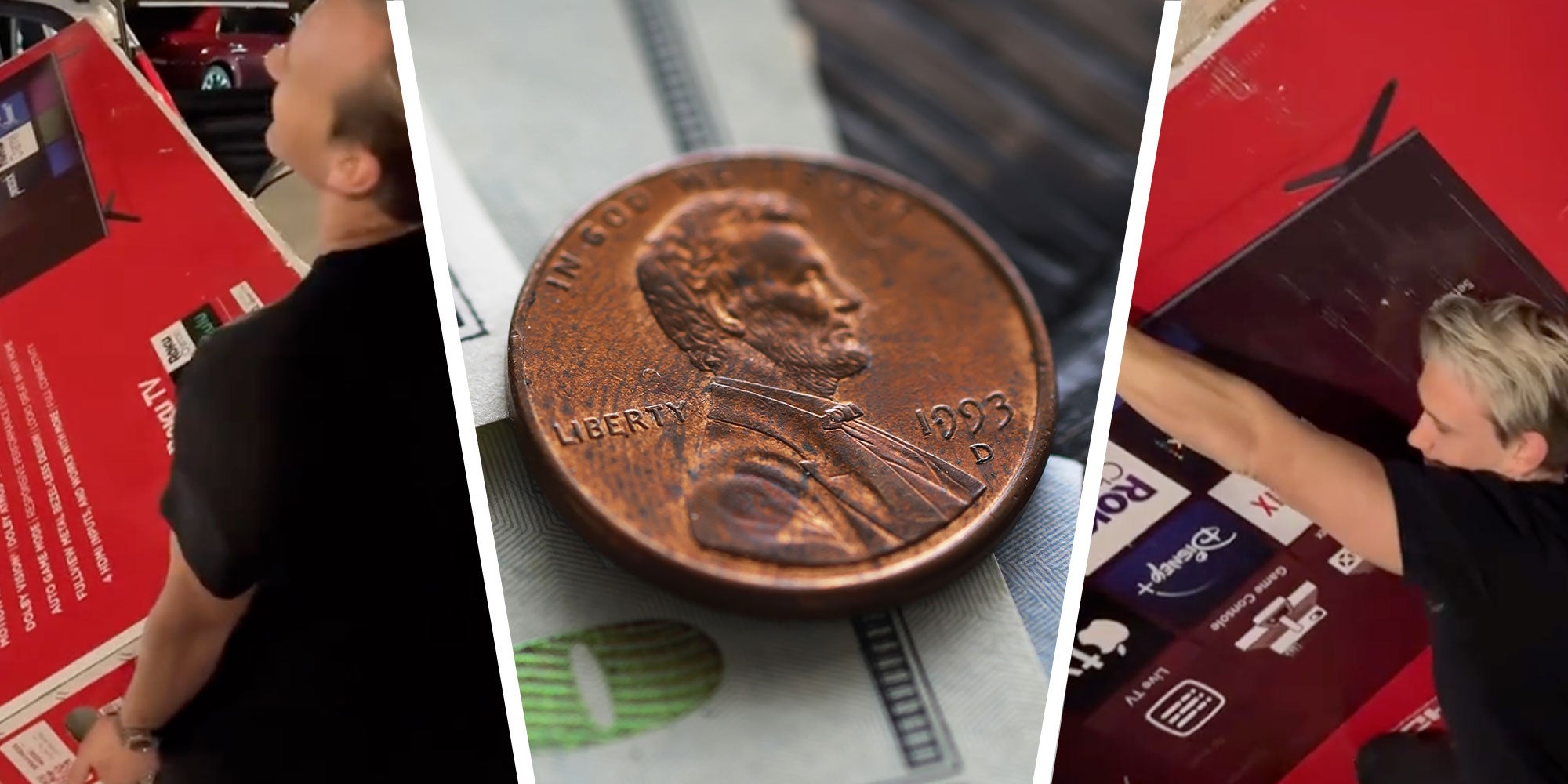three panel design with a person struggling to hold a TV box in a parking lot, next to an image on a penny, next to an image of the same guy who is continuing to stuggle.