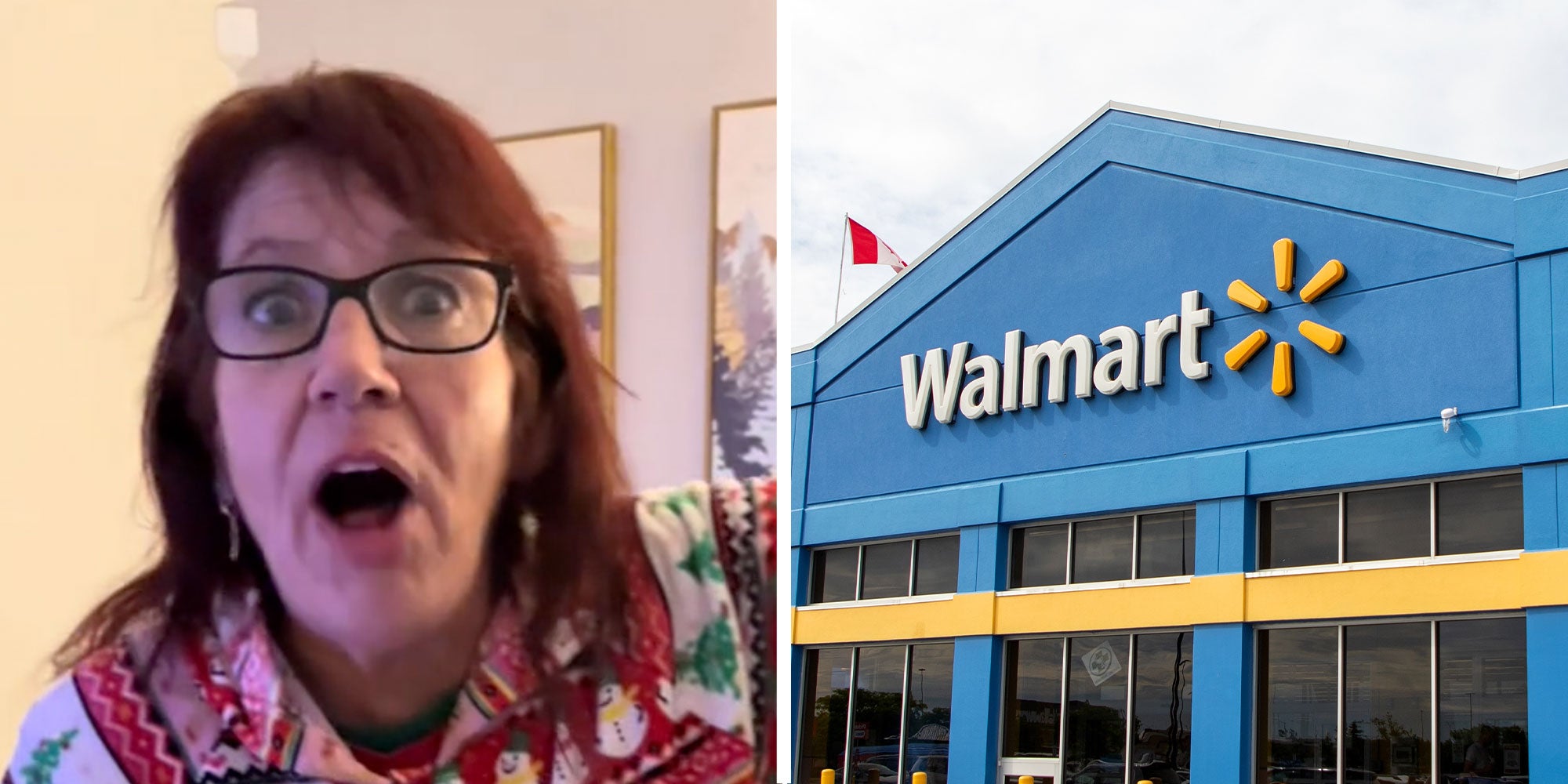 Two panel design with a woman looking upset at the camera in one, next to an image of a Walmart store