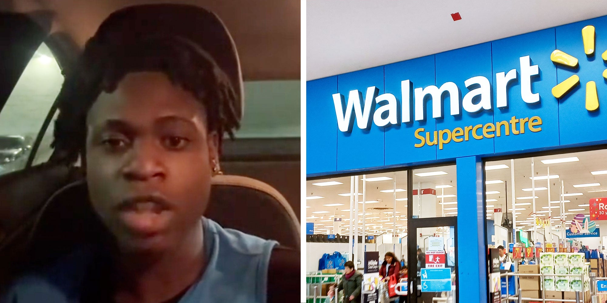 two panel design with a man talking in his car in one, next to an image of a Walmart Store