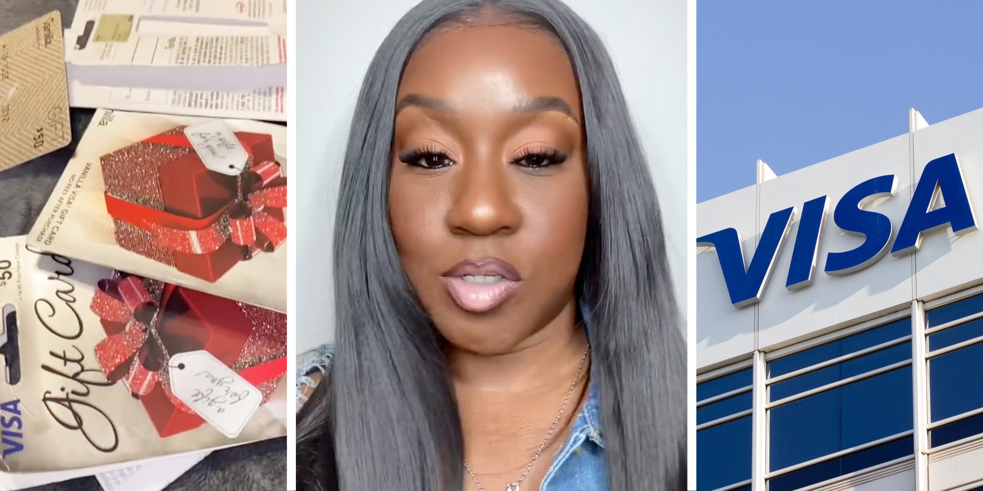 Visa Giftcards(l), Woman talking(c), Visa Logo(r)