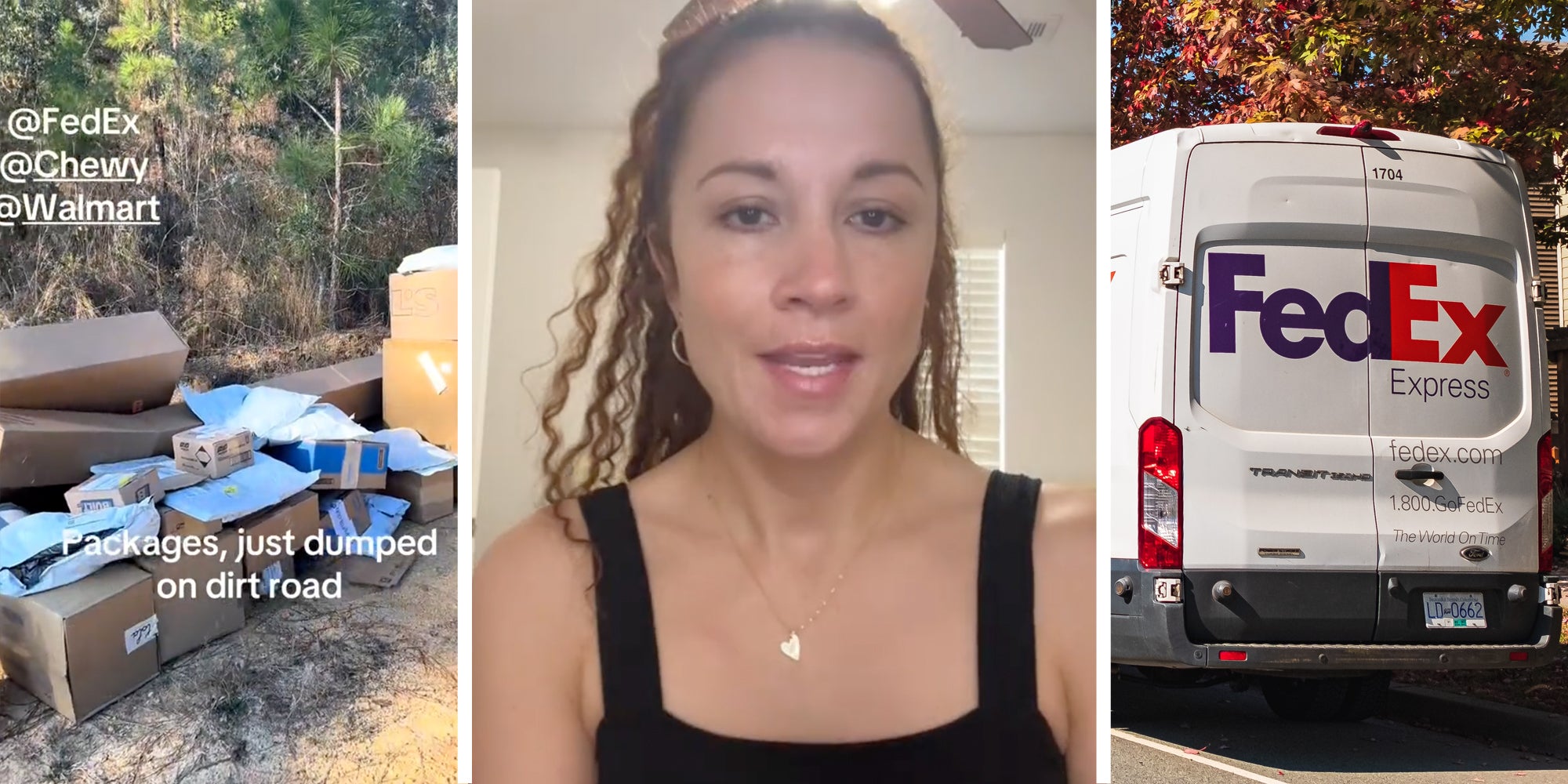 Packages on side of road(L), Woman talking(c), Fedex truck(r)