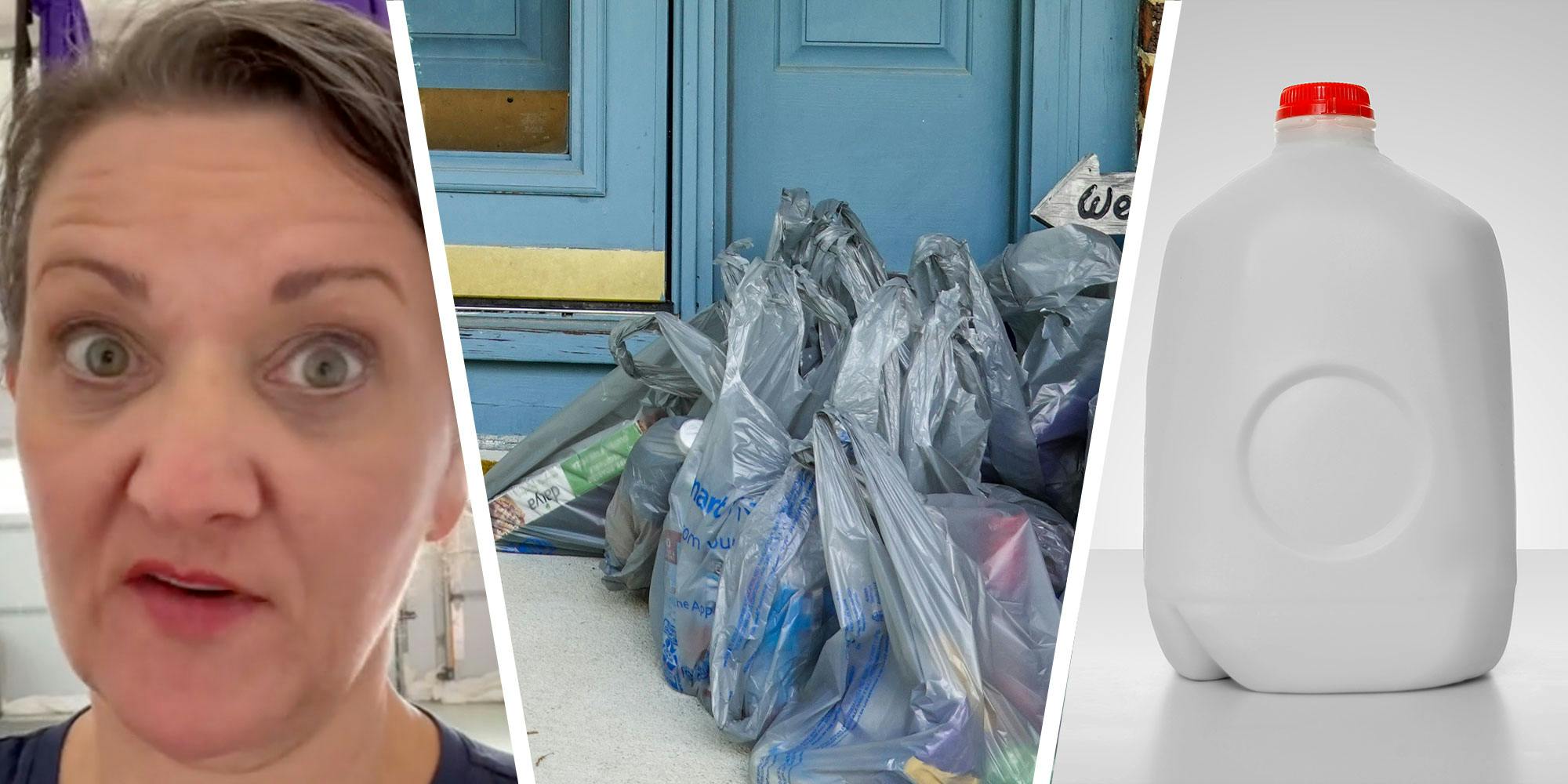 Three panel design with a woman in the first panel with wide eyes open gesture, next to an image of Walmart bags on a porch, next to an image of a gallon of milk